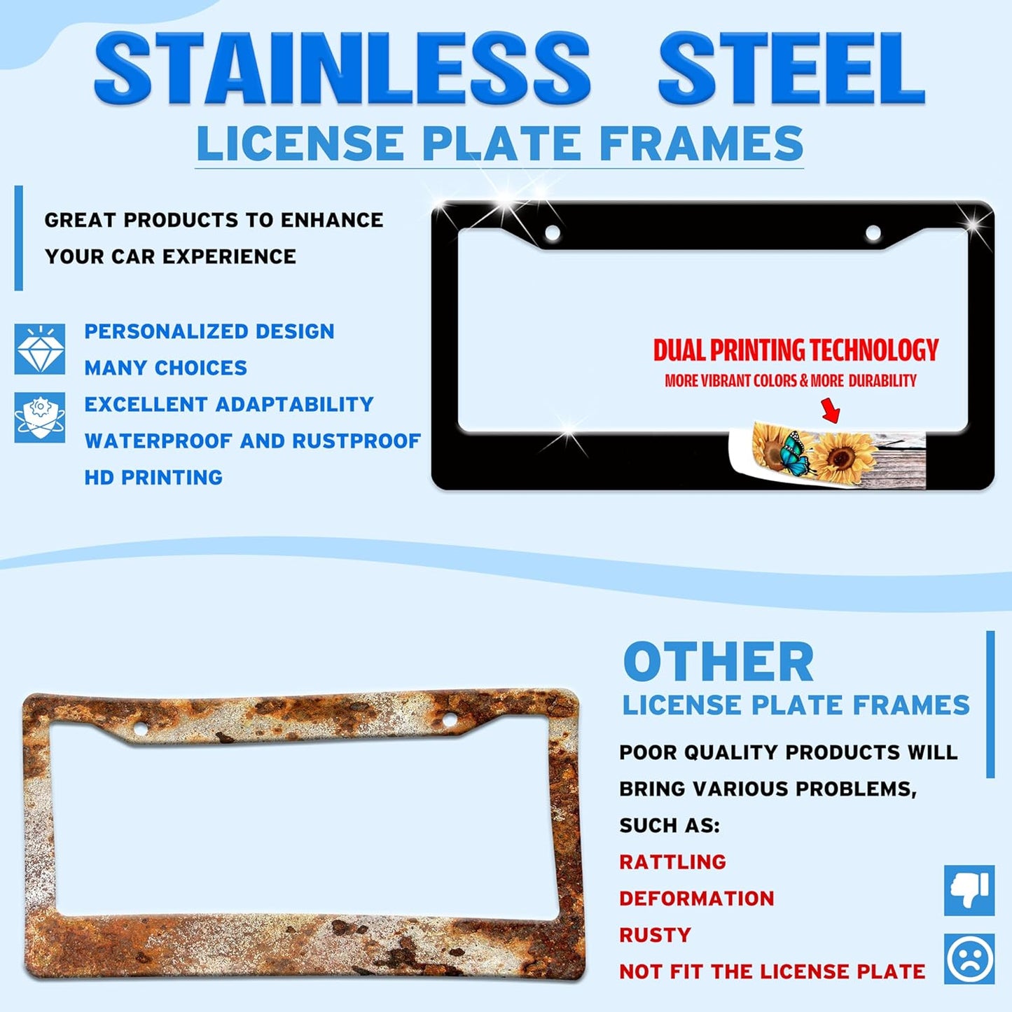 Black and White Daisies License Plate Frame Flower Art License Plate Holder for Front or Rear Car Tags Stainless Steel Funny Car Decoration with Screws 6.3 X 12.2 in