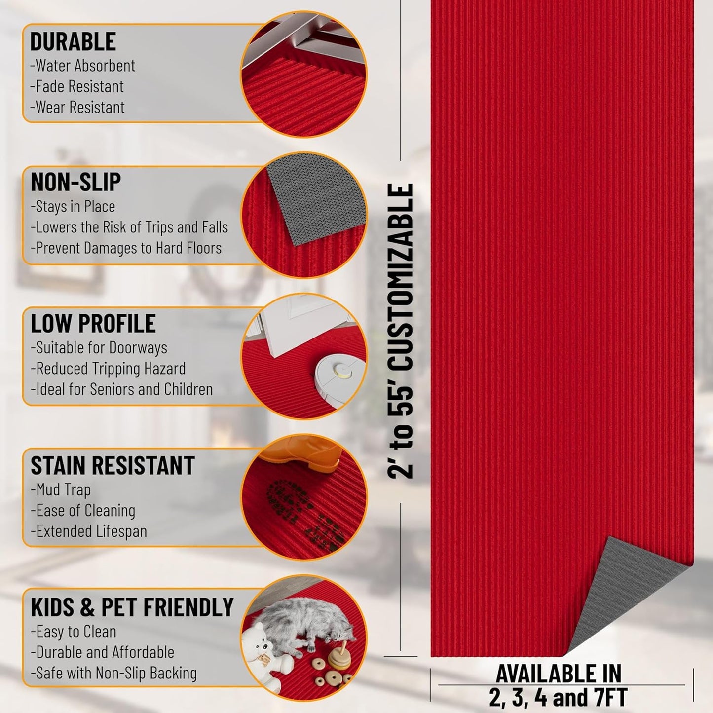 Ottomanson 2' x 20' Hallway Runner with Scraper Pile - Extra Durable Non-Slip Rug Mat for Indoor & Outdoor Use - Ideal for Kitchen, Entryway, Patio & Garage - High-Traffic Carpet, Red