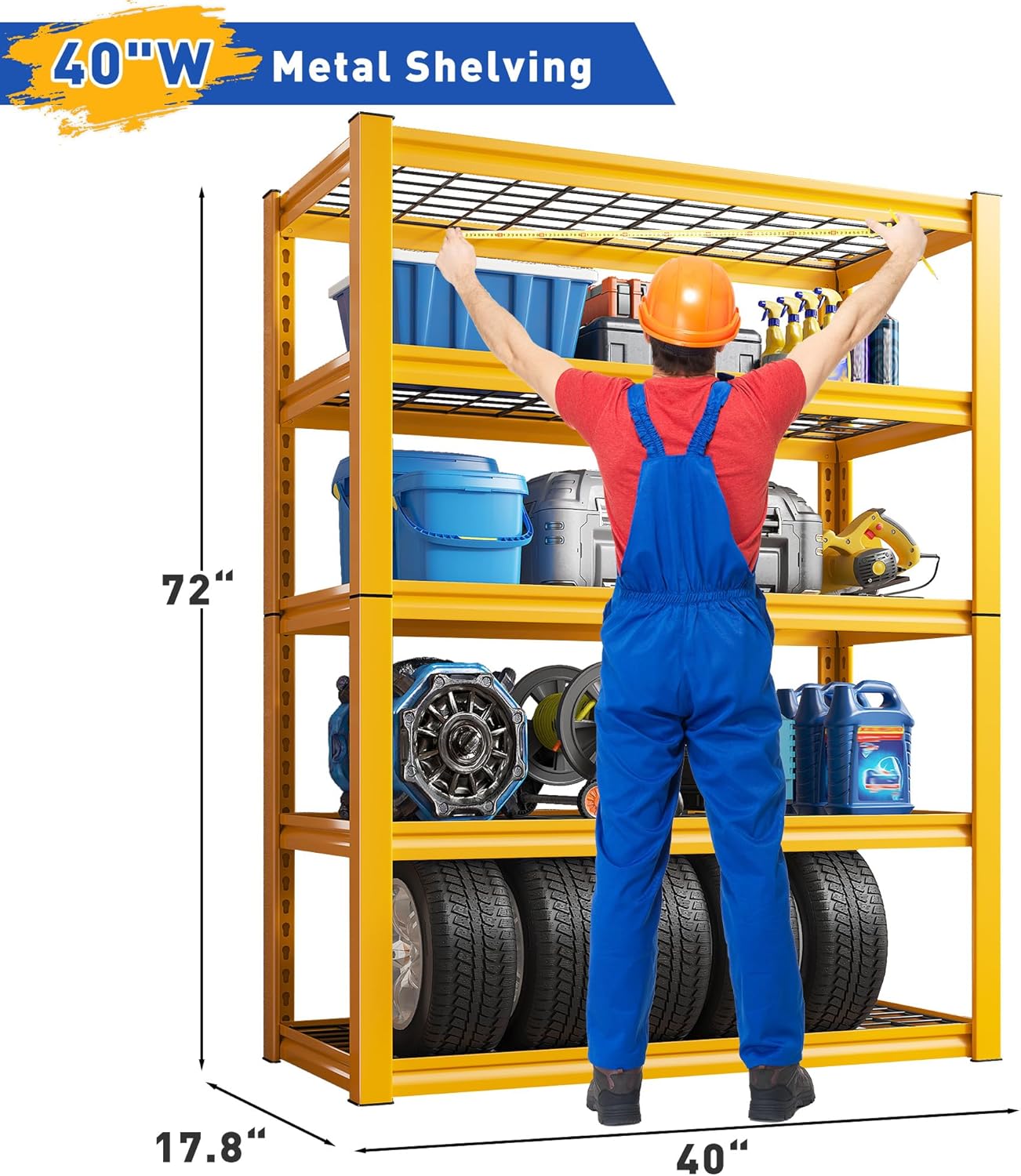 REIBII Storage Shelves 40''W Garage Shelving Heavy Duty Metal Shelving 2000LBS Metal Shelves 5 Tier Industrial Shelf for Pantry Kitchen Basement 72" H x 40''W x 17.8''D, Yellow
