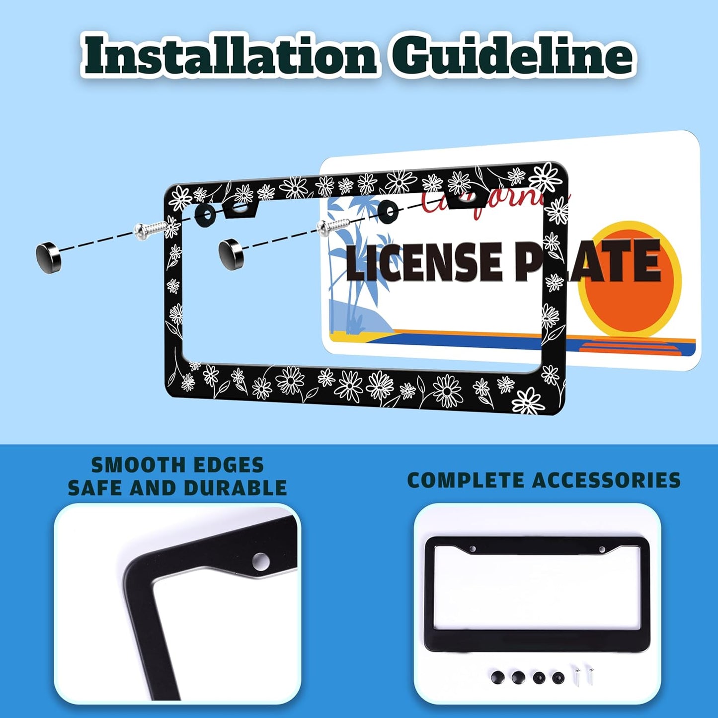 Black and White Daisies License Plate Frame Flower Art License Plate Holder for Front or Rear Car Tags Stainless Steel Funny Car Decoration with Screws 6.3 X 12.2 in