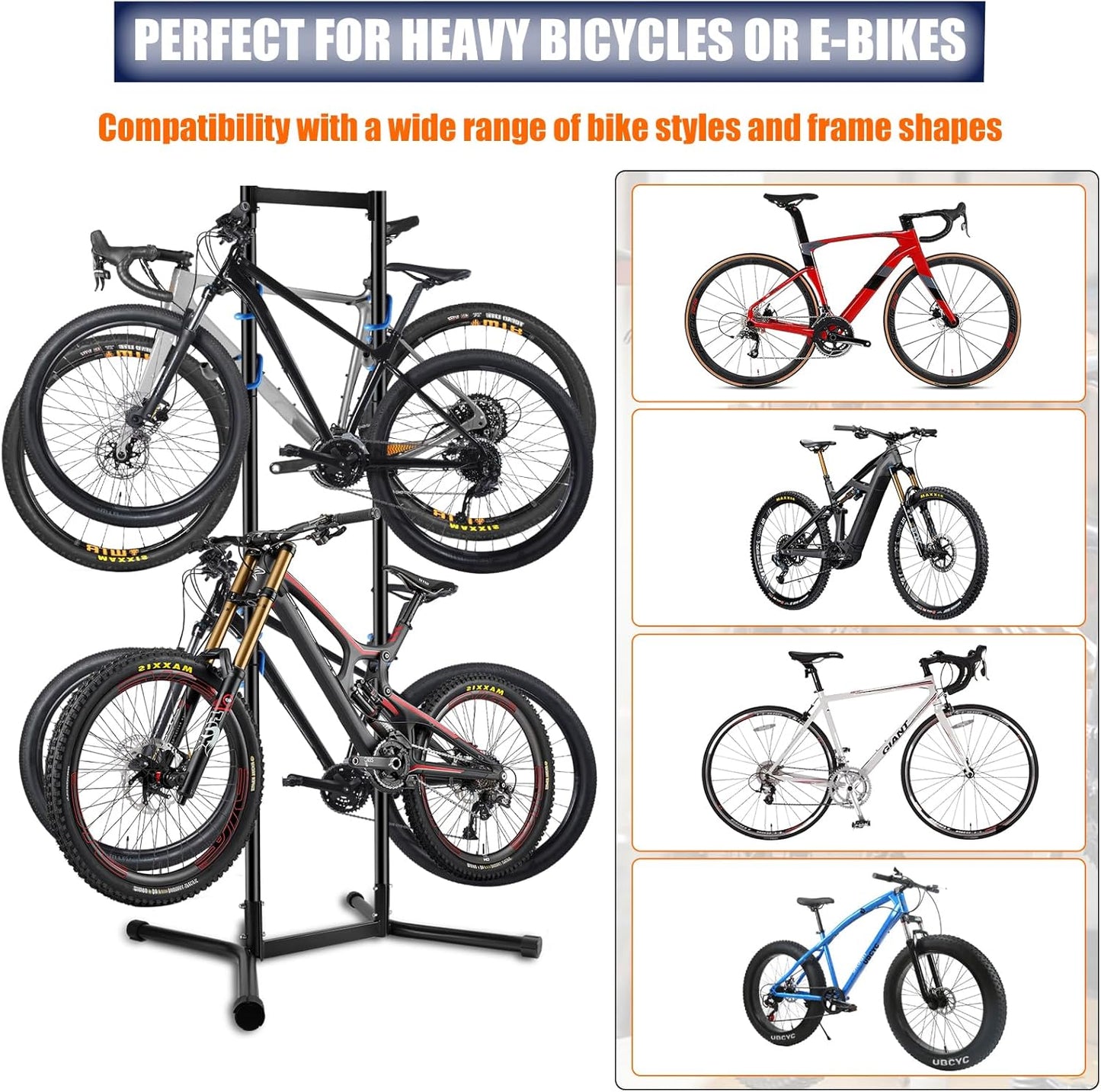 Stand Bike Storage Rack Garage Max 240lbs, Freestanding Gravity Indoor Bike Rack Holds 4 Bikes with Adjustable Arms, Vertical Bike Stand Space Saving for MTB, Road Bike