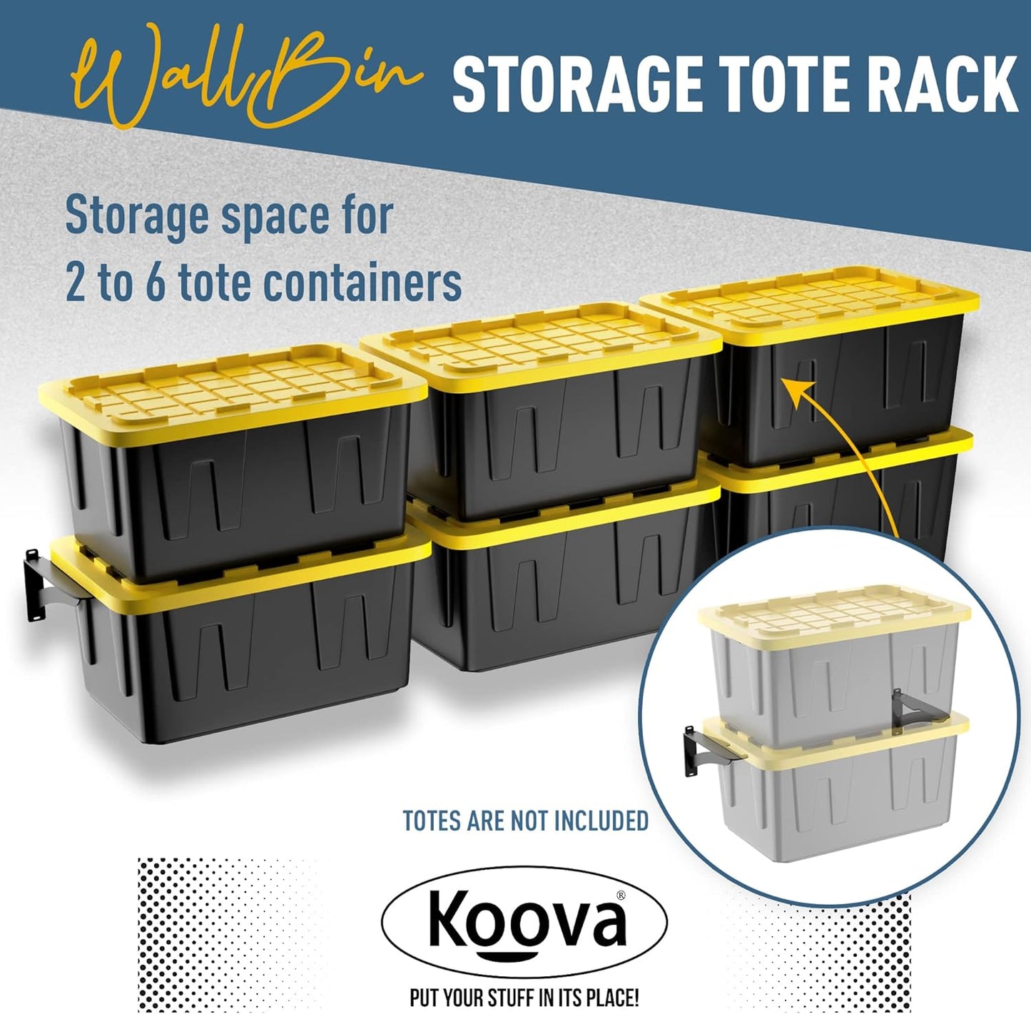 Koova Wall Mounted Tote Rack Storage System, Fits 27-Gallon Black and Yellow Commander Style Bins, Wall Mount Bracket Shelves for Garage Organization, Heavy Duty Steel, Made in USA (3-Piece Set)