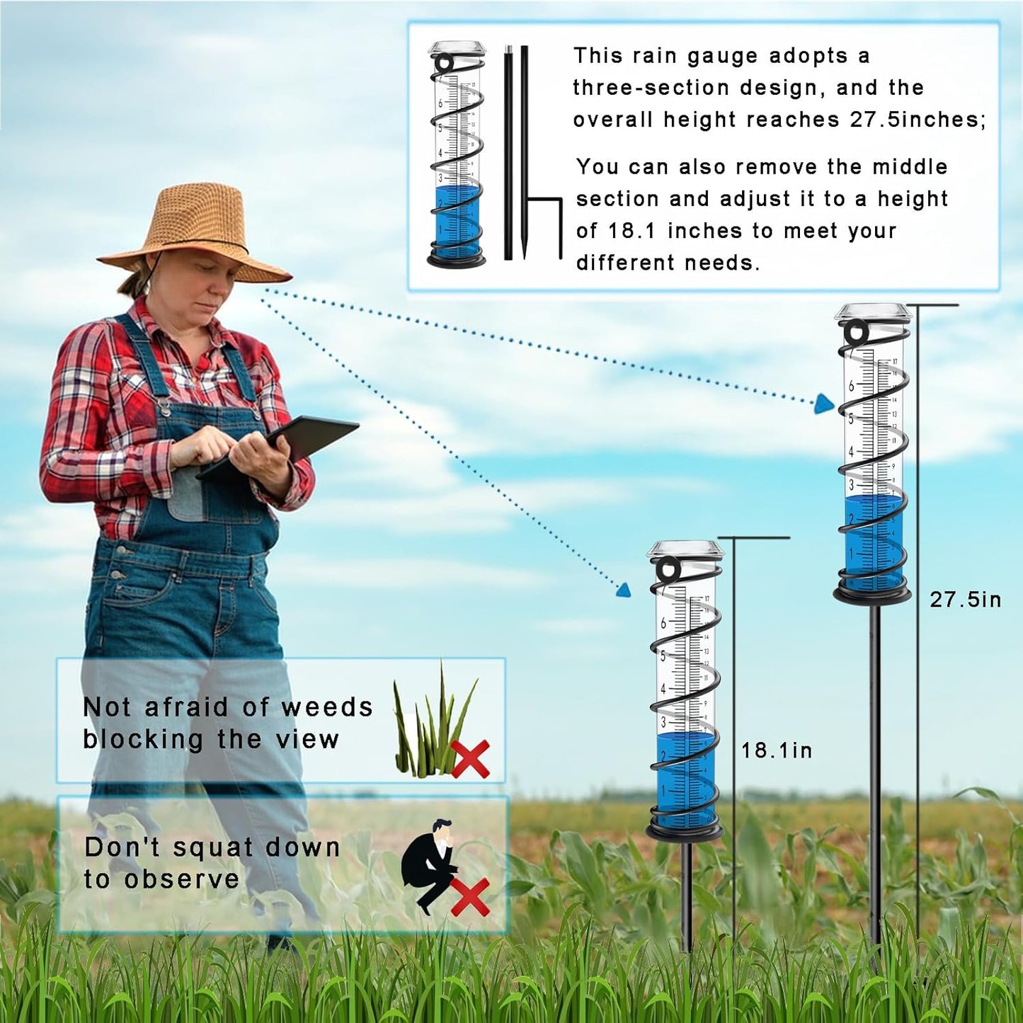 Upgrade Rain Gauge, Detachable Spiral Rain Gauge Outdoor, Rain Measure Gauge for Yard, Large Number Rain Water Meter, Thickened Plastic Rain Gauge with Stake and Metal Frame for Patio,Lawn