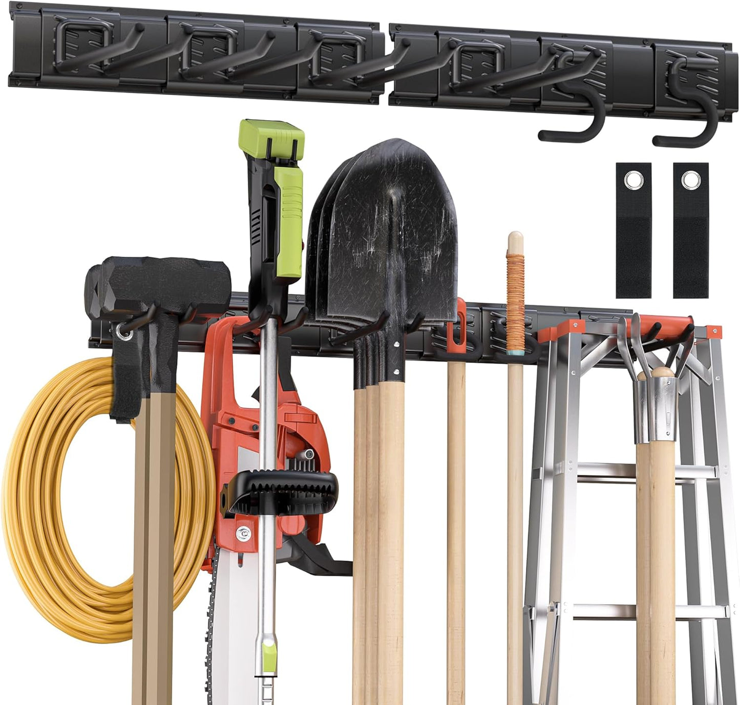 Garden Tool Organizer Wall Mount, 32 inches Tool Storage Rack with Adjustable Hooks, 600lbs Adjustable Heavy Duty Metal Hooks, Yard Shed Rack Holder System Hanging Rake Broom Mop Snowboard, Men Gift