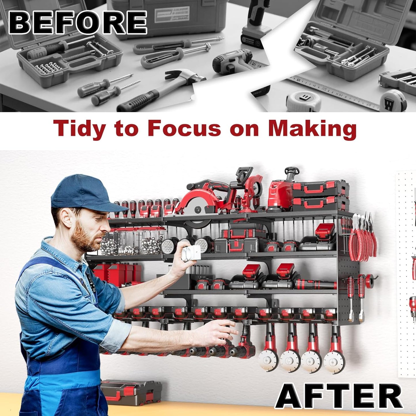 52" W Large Power Tool Organizer Wall Mount -12 Drill Holder for Garage,4 Layer Heavy Duty Power Tool Rack,Tool Organizer Storage for Workshop Garage Basement,Gifts for Men Dad Husband