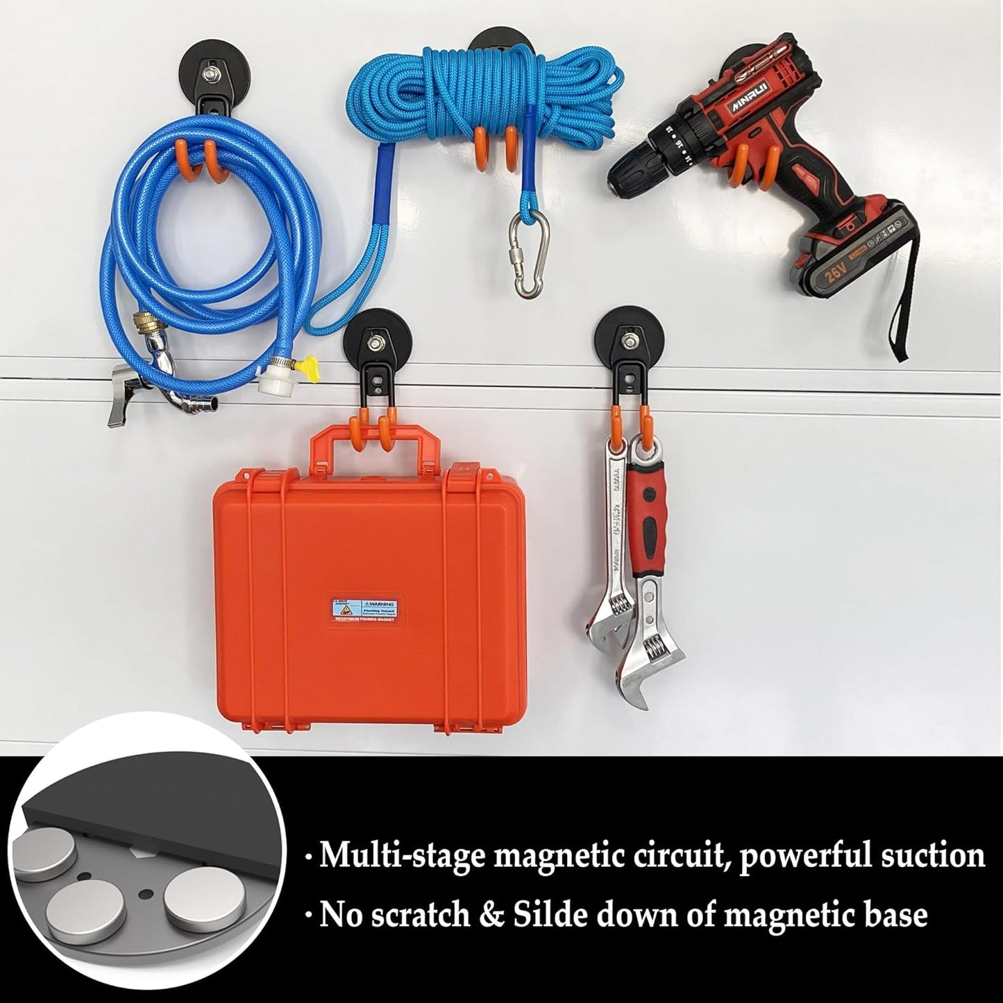 ULIBERMAGNET Garage Magnetic Hooks, 4 Pack Black Heavy Duty Large J Hooks with Magnet, Black Strong Anti-Slip Coating Magnet Hooks for Garden Tools, Ropes,Drill,Metal Cabinet,Pegboard