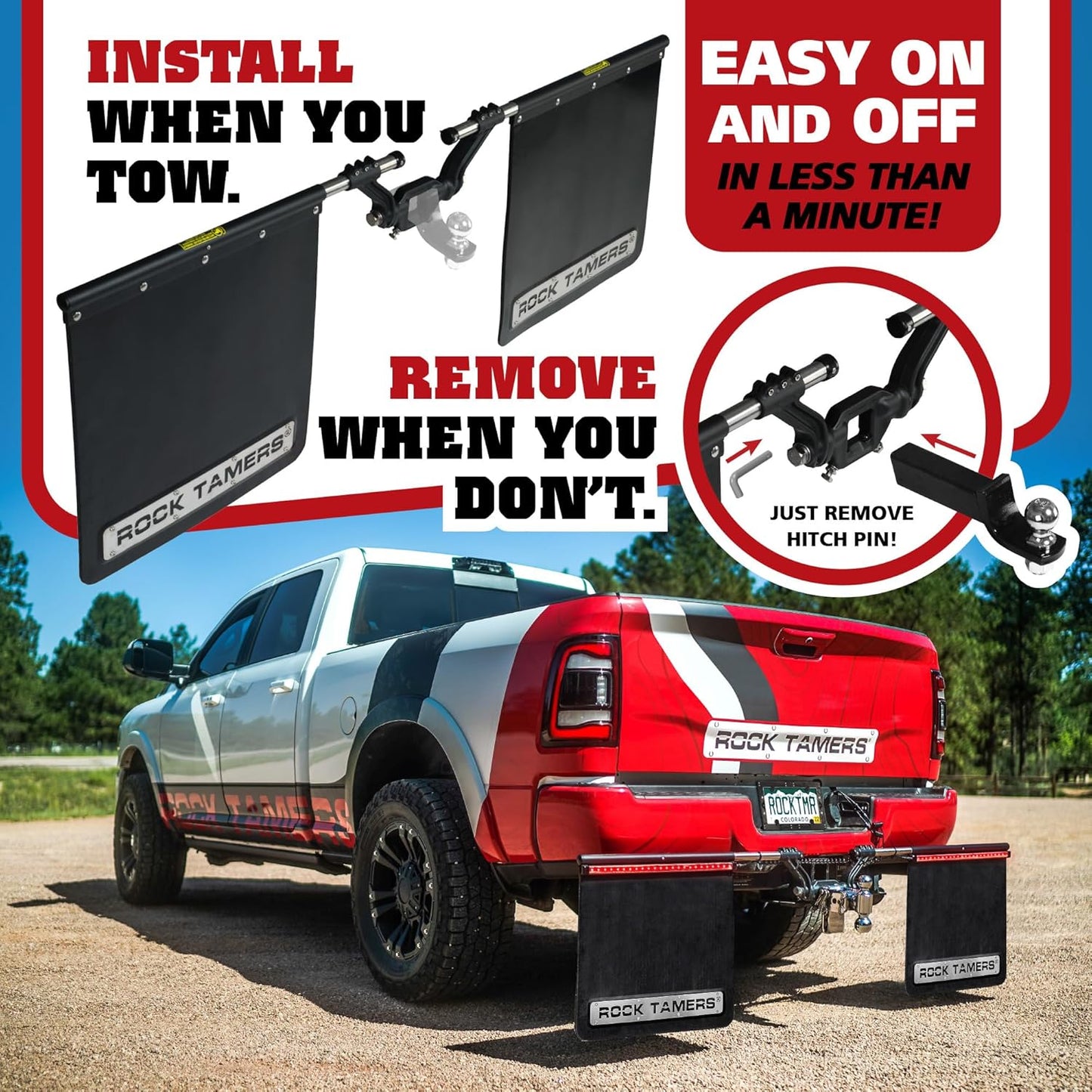 Rock Tamers 00110 - 2.5" Official Mudflap System - 2.5" Hitch Receiver - Hitch Mounted Mud Flaps to Protect What You Tow - Removeable and Adjustable-Black/Stainless Steel - 1 System
