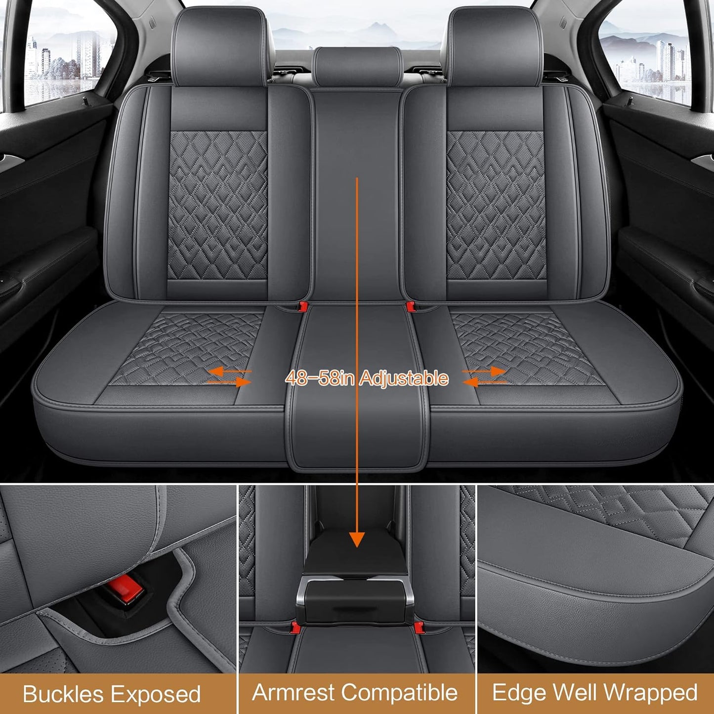 Pariitadin Leather Car Seat Covers Full Set, Waterproof Breathable Faux Leather Automotive Seat Covers for Cars, Non-Slip Car Interior Covers Universal Fit Most Cars Sedans Trucks SUVs, Gray