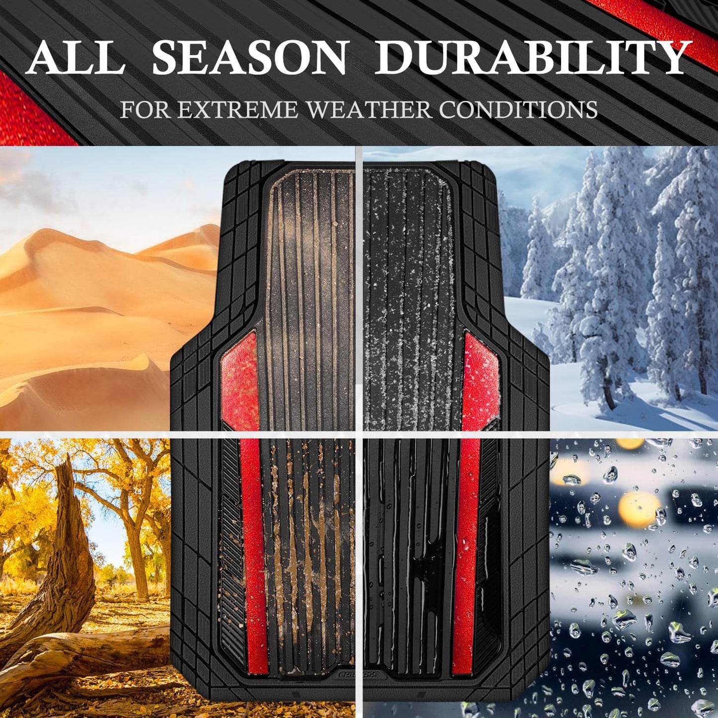 CAR PASS Heavy Duty Rubber Car Mats Metallic S~L Size, Aluminum Film All Weather Floor Mats Waterproof Universal Trim to Fit SUV Sedan Van Truck 4 Piece Deep Dish Two-Tone Sporty Black Red Chrome