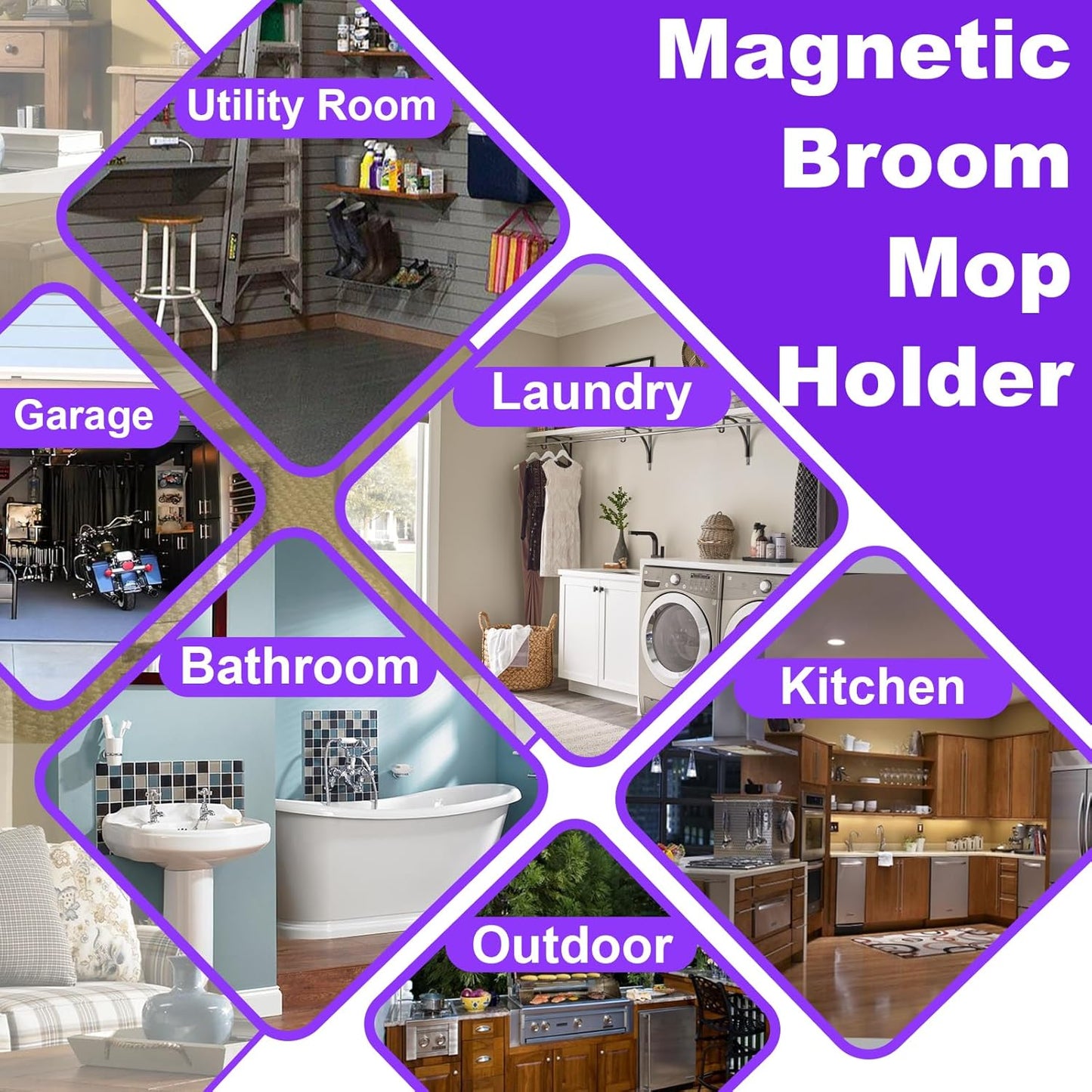 Magnetic Mop Broom Holder, Heavy Duty Magnetic Mop Hanger with Swivel Hooks for Cleaning Tools, Strong Magnet Mount Tool Hanger Organize System Utility Rack for Refrigerators Laundry Garage Kitchen