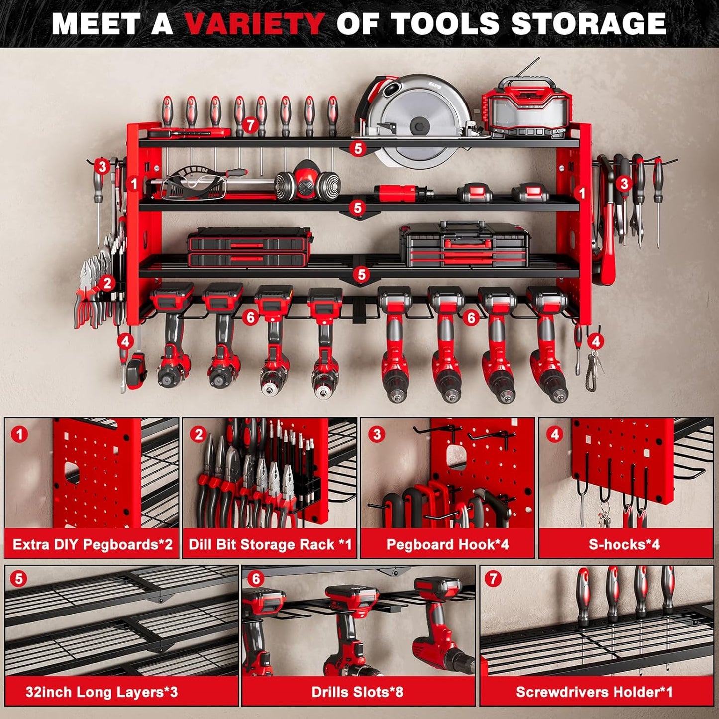 Power Tool Organizer Wall Mount,Cordless Drill Organizer,4 Layers Large Capacity Tool Rack with 8 Drill Holders (RED)