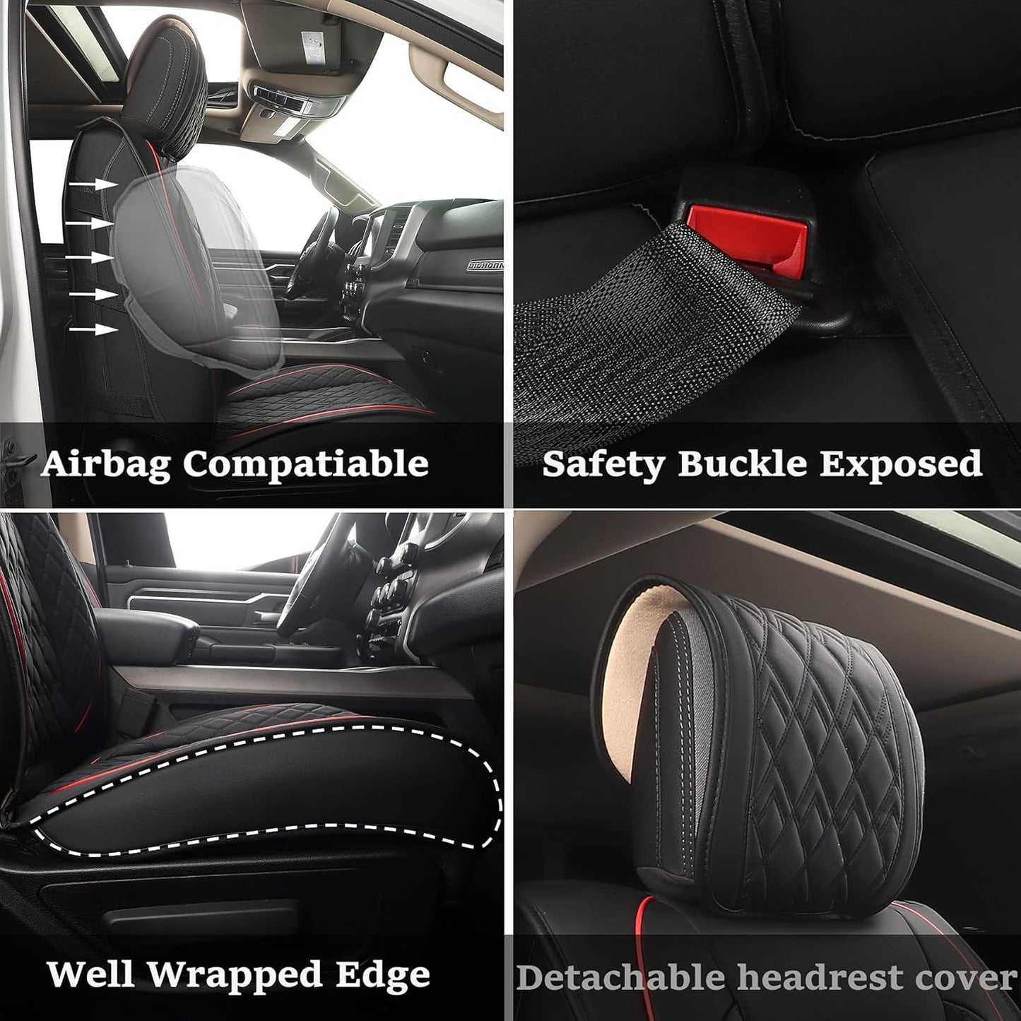 JOJOBAY Car Seat Covers for Dodge Ram 2 Pcs Front,Fit Ram 2009-2025 1500/2500/3500 Pick-up Truck,Crew,Regular,Quad,Mega Cab,Waterproof Leather Seat Covers Protectors（2 PCS Front,Black/Red）