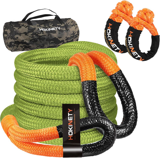 Kinetic Recovery Tow Rope: 1-1/8" x 30ft 48000LBS Snatch Strap with Soft Shackles Heavy Duty Offroad Towing Straps Kit for Trucks SUV UTV ATV Tractor Car Jeep - Green