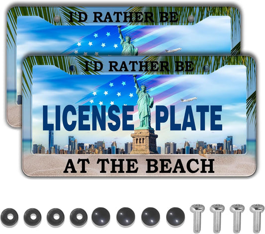 License Plate Frames Multicolor Car License Plate Frame I'd Rather Be at The Beach Universal Aluminum Car Accessory 2 Pack with Screw Covers Set