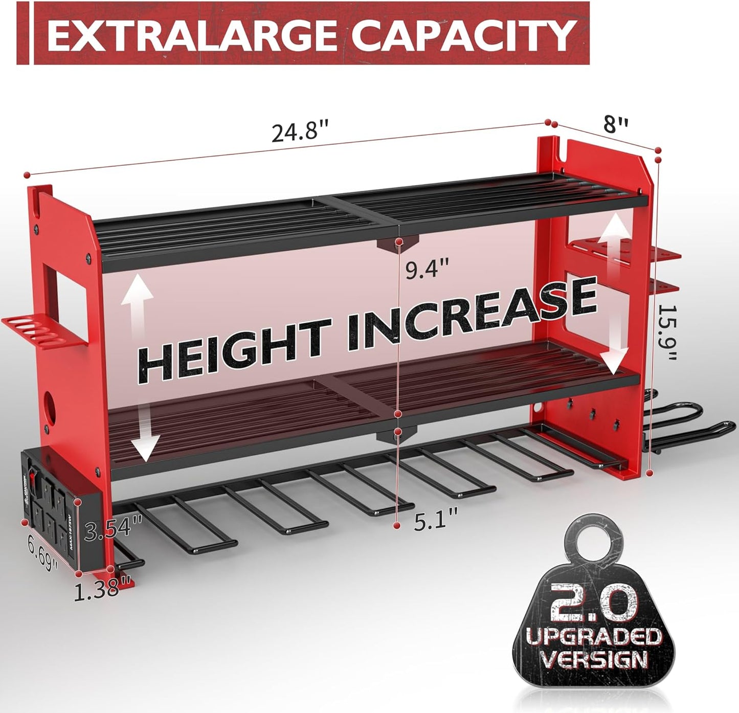 Power Tool Organizer Wall Mount with Charging Station, Cordless Drill and Battery Holder Shelf for Garage Organization,Heavy Duty Metal Tool Rack Storage, Load 300lbs, Built in 5 Outlet Power Strip