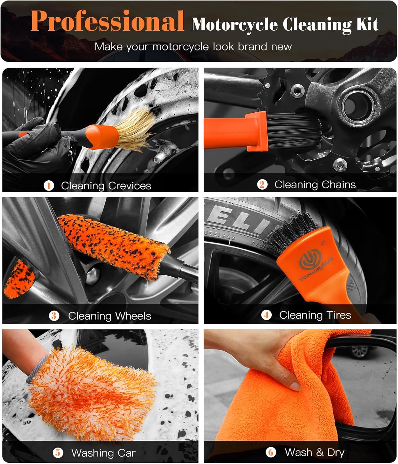 7PCS Motorcycle Cleaning Kit, 2-Size Bendable Wheel Brush, Tire and Chain Brush, Detailing Brush, Microfiber Towel and Car Wash Mitt for Car Wheels Motorcycle Dirt Bike Detailing Wash Kit
