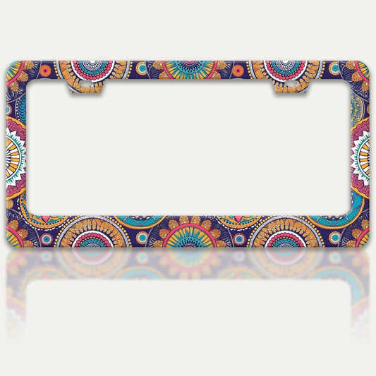 Mandala Flowers License Plate Frame Floral Print License Plate Holders Funny Stainless Steel Auto Accessory Bracket 2 Hole with Screws Universal Us Car License Plate Frames 6x12 Inch for Women Men