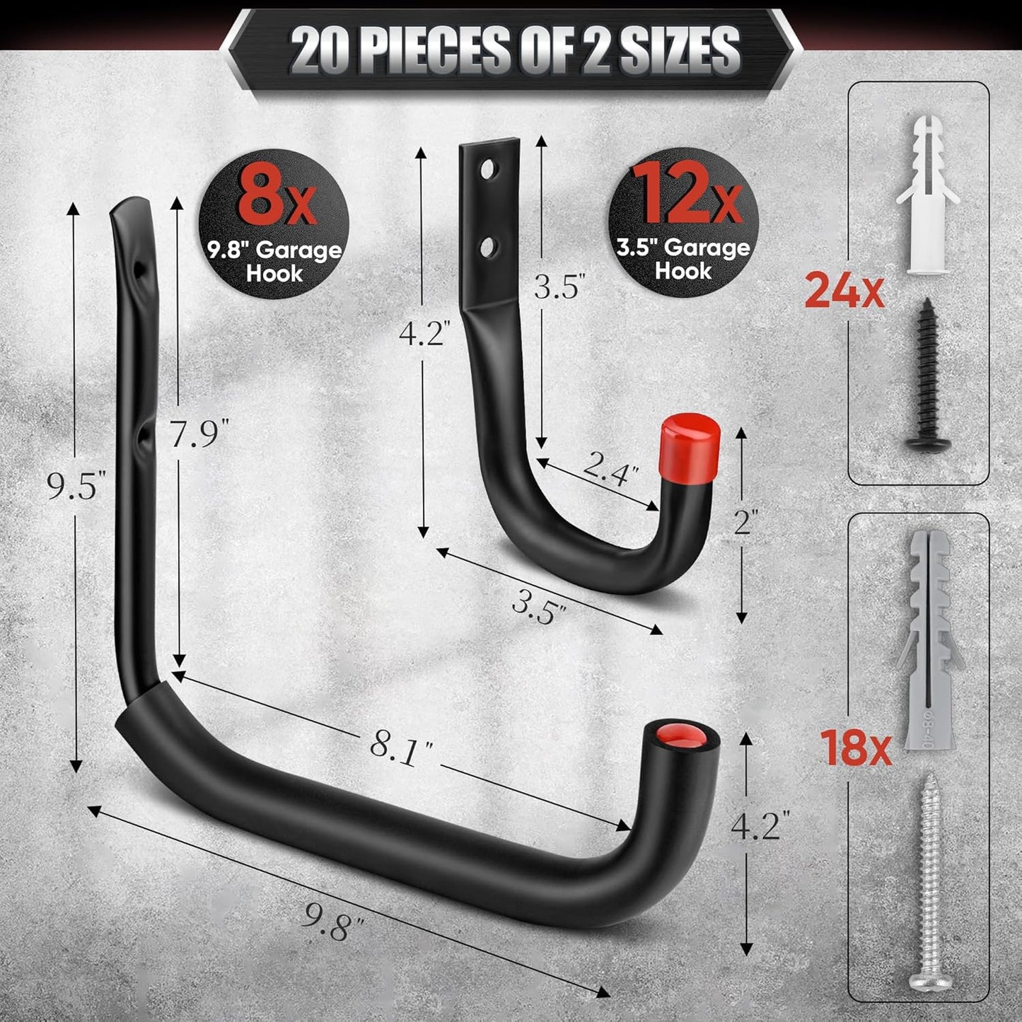 Nacial 20 Pack Garage Hooks Heavy Duty, 9.8" & 3.5" Garage Wall Hook with EVA Pads, 100LBS Capacity Hooks for Hanging Bikes, Kayak Folding Chairs and Hanging Ladders