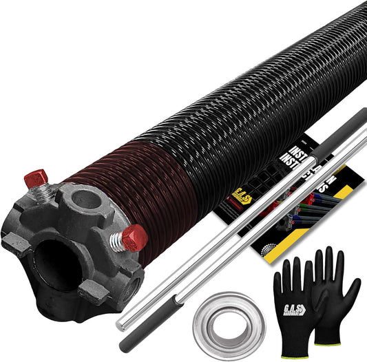 Garage Door Torsion Spring 234x2x27, Includes 1” Steel Bearing, Gloves, Manual and Winding BarsLeft Hand Wound Replacement for Right Side of Garage Doors (Black Cone)