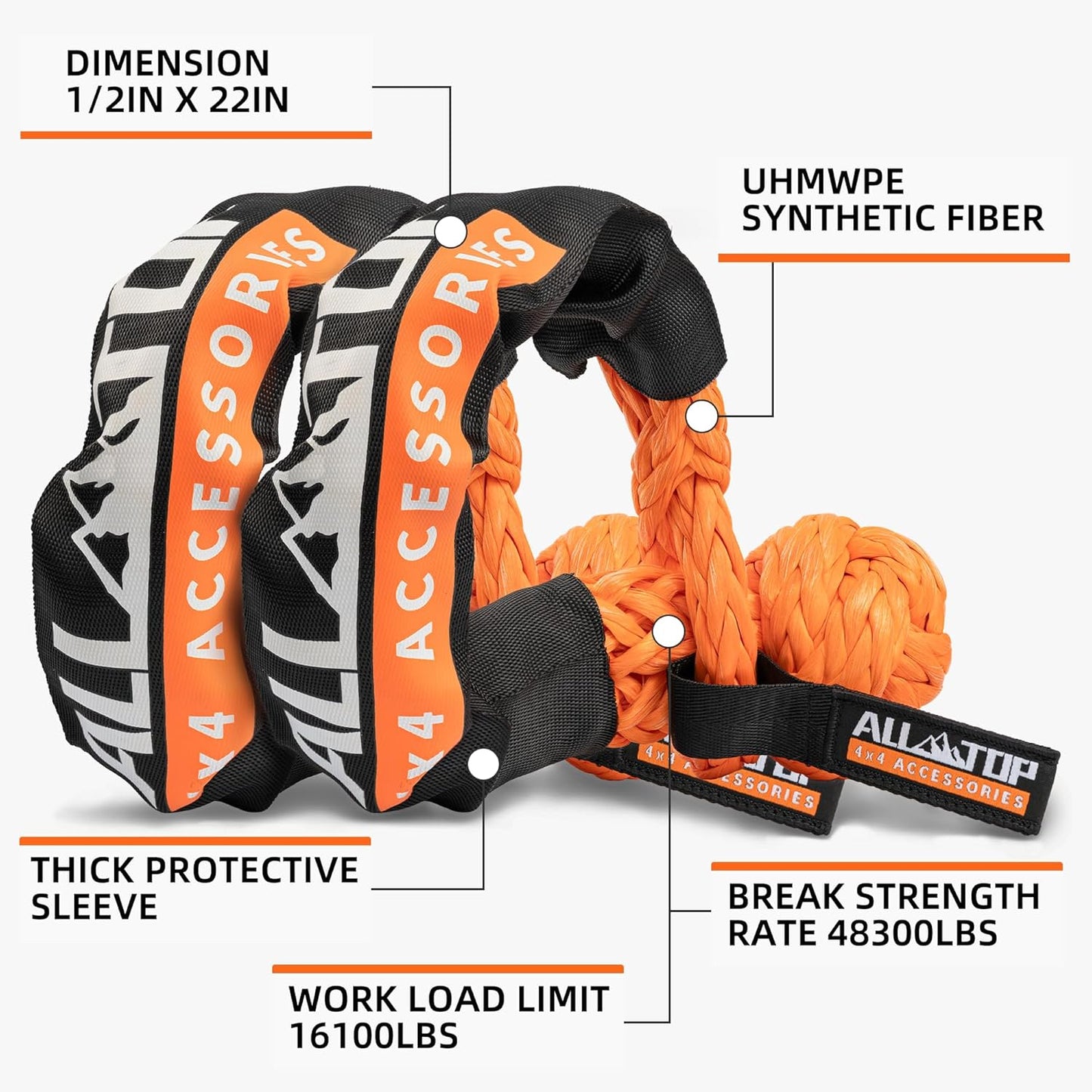 ALL-TOP Kinetic Rope Kit (Reflective) w/ 2 Soft Shackles, 48000Lbs, 1in x 30ft, Heavy Duty 30+% Elasticity, 16000Lbs Work Load Limit