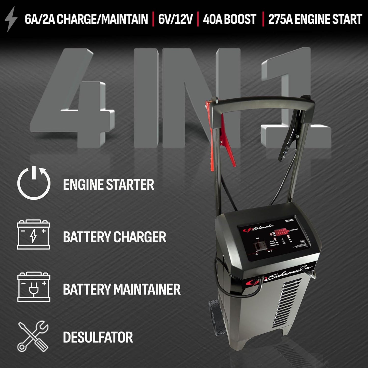 Schumacher Electric Wheeled 6A Car Battery Charger and 275A Engine Starter, 6-in-1 Solution for 6V/12V Batteries, Battery Maintainer, 40A Boost, SC1326, For Power Sport, Automotive, & Marine Batteries