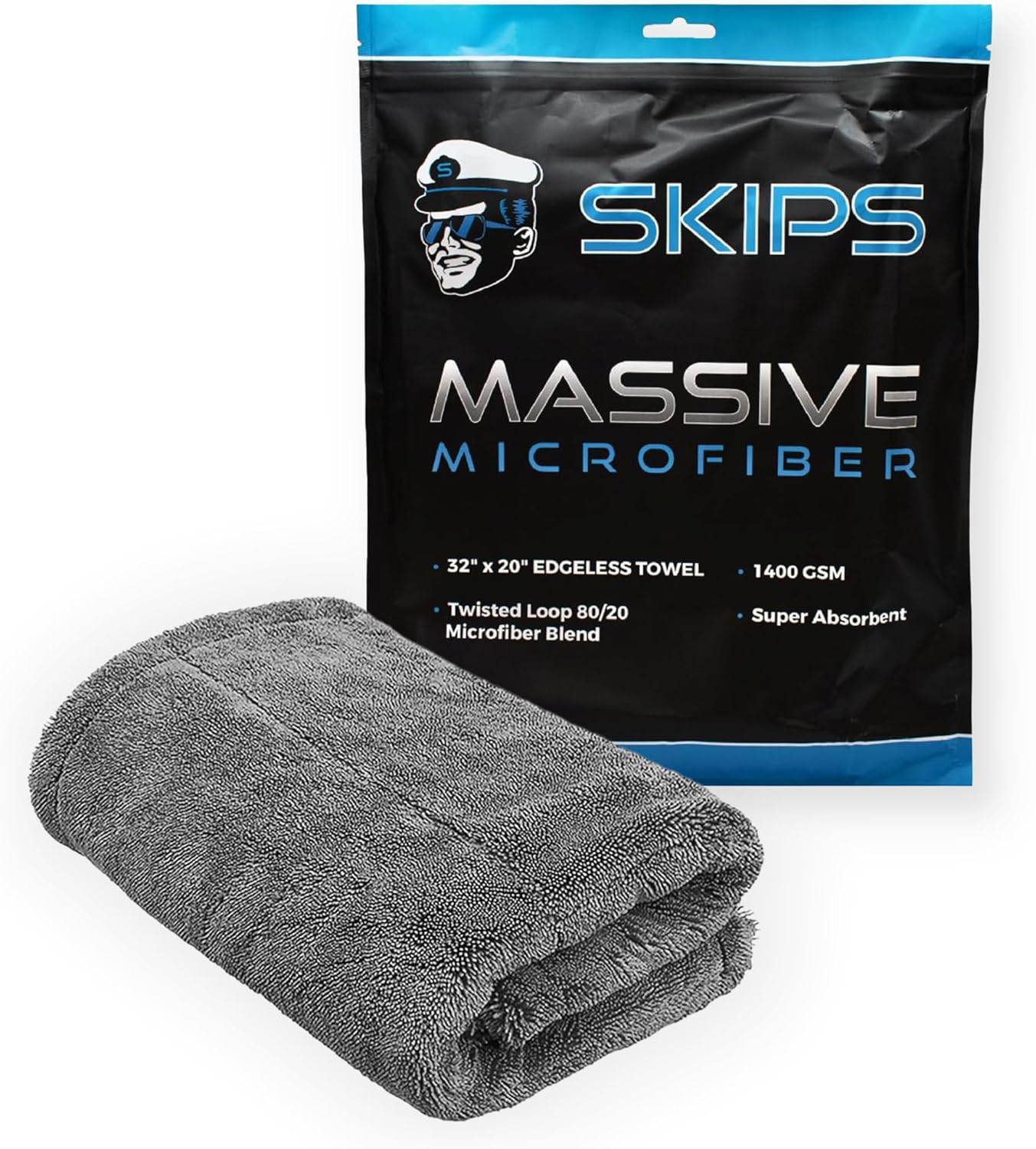 SKIPS Massive Microfiber Towel: Premium, Lint-Free Microfiber Cleaning Towel for Cars, Boats, and Large Surfaces - Absorbs 1 Gallon of Water, Ultra-Soft, Streak-Free, Safe for Paint