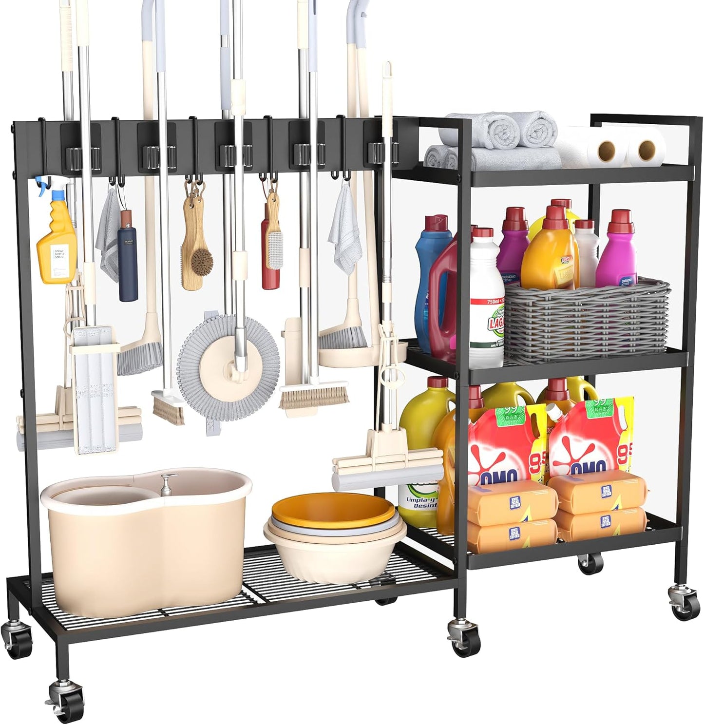GIOTORENT Heavy Duty Metal Cleaning Cart with Wheels - 300lb Capacity Rolling Broom Holder & Supplies Organizer, 10 Adjustable Clips, 5 Double-Hooks, 3-Tier Shelves, Brakes for Home, Commercial, Black