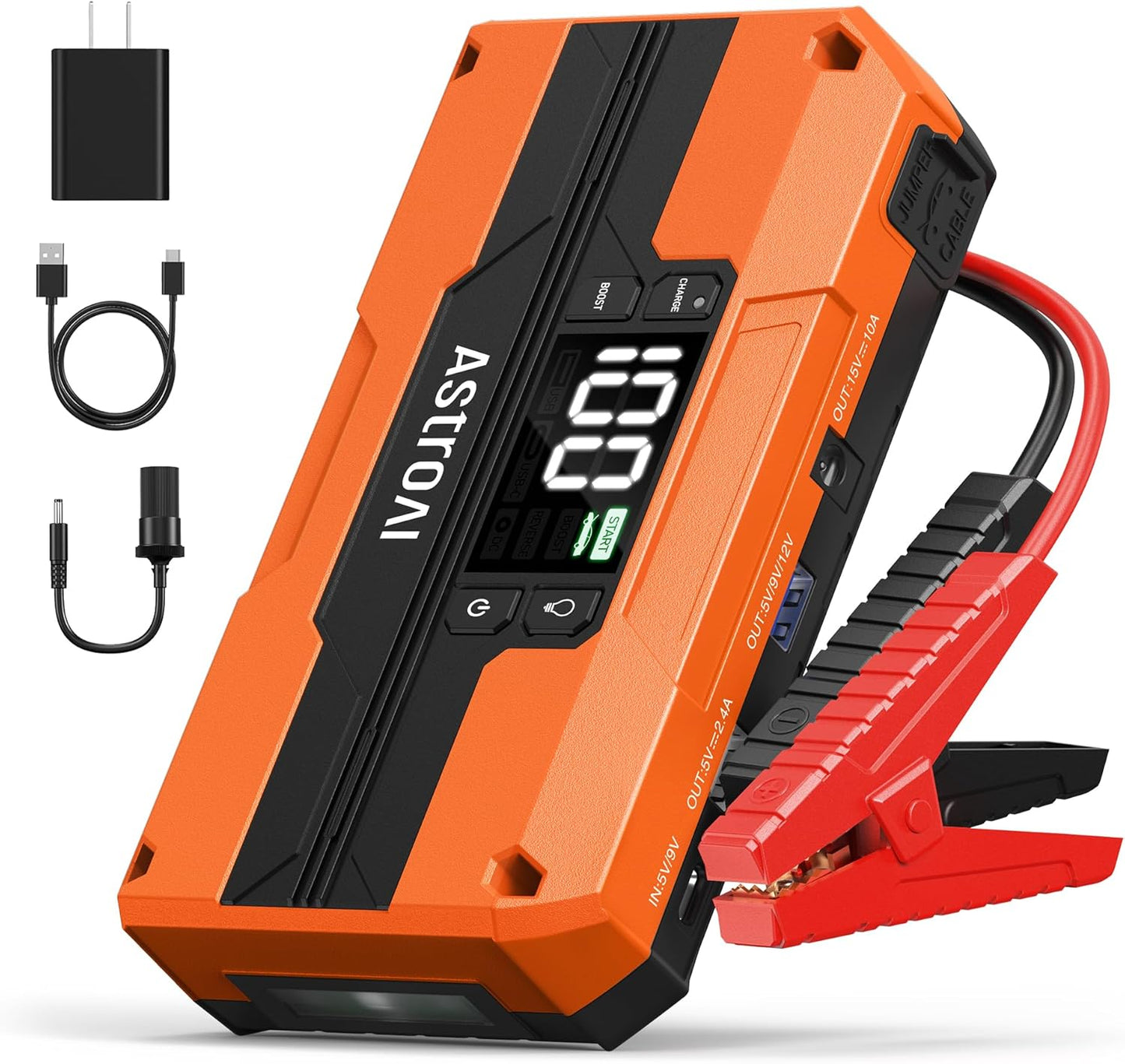 AstroAI T8 Car Jump Starter, 2500A 8-in-1 Jump Box for Car Battery, Up to 8.0L Gas & 5.0L Diesel Engine, 15200mAh QC 3.0 Power Bank, Informative LED Screen with Cigarette Adapter, Jumper Cable