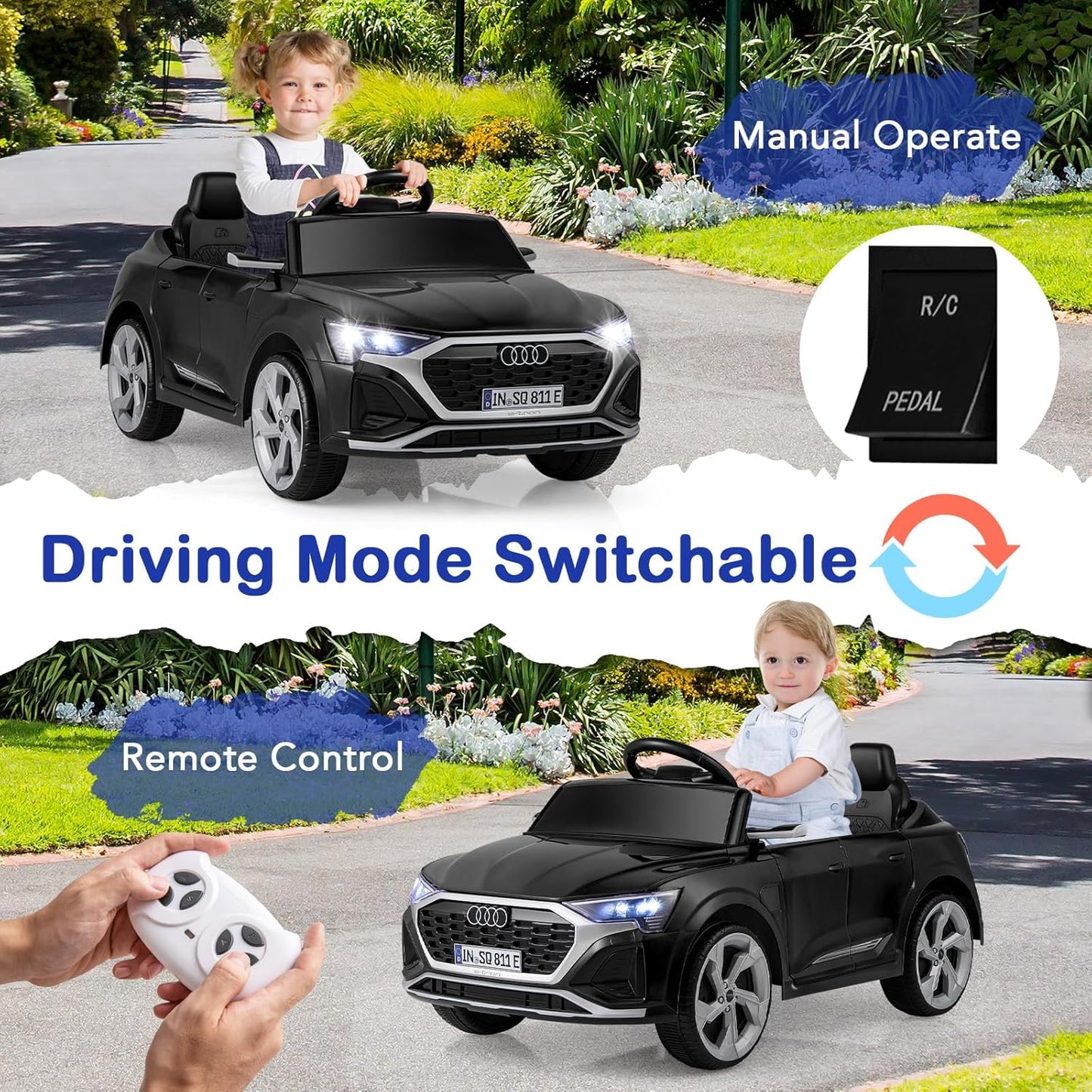 Licensed Audi SQ8 Ride on Car by OLAKIDS, 12V Kids Electric Vehicle with Remote Control, Toddlers Battery Powered Toy with 3 Speeds, Wheels Suspension, Music (Black)
