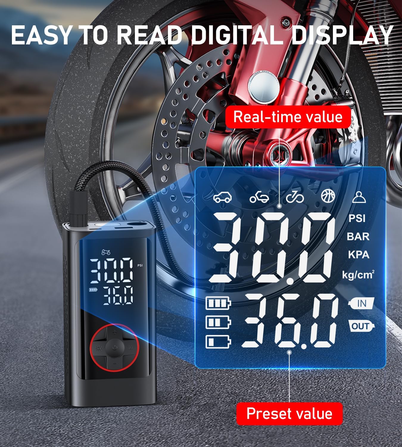 Tire Inflator Portable Air Compressor, 150PSI Cordless Air Pump for Car Tires, Electric Bike Tire Pump with Pressure Gauge, Auto Shut Off, LED Light for Car Motorcycle Bicycle Ball