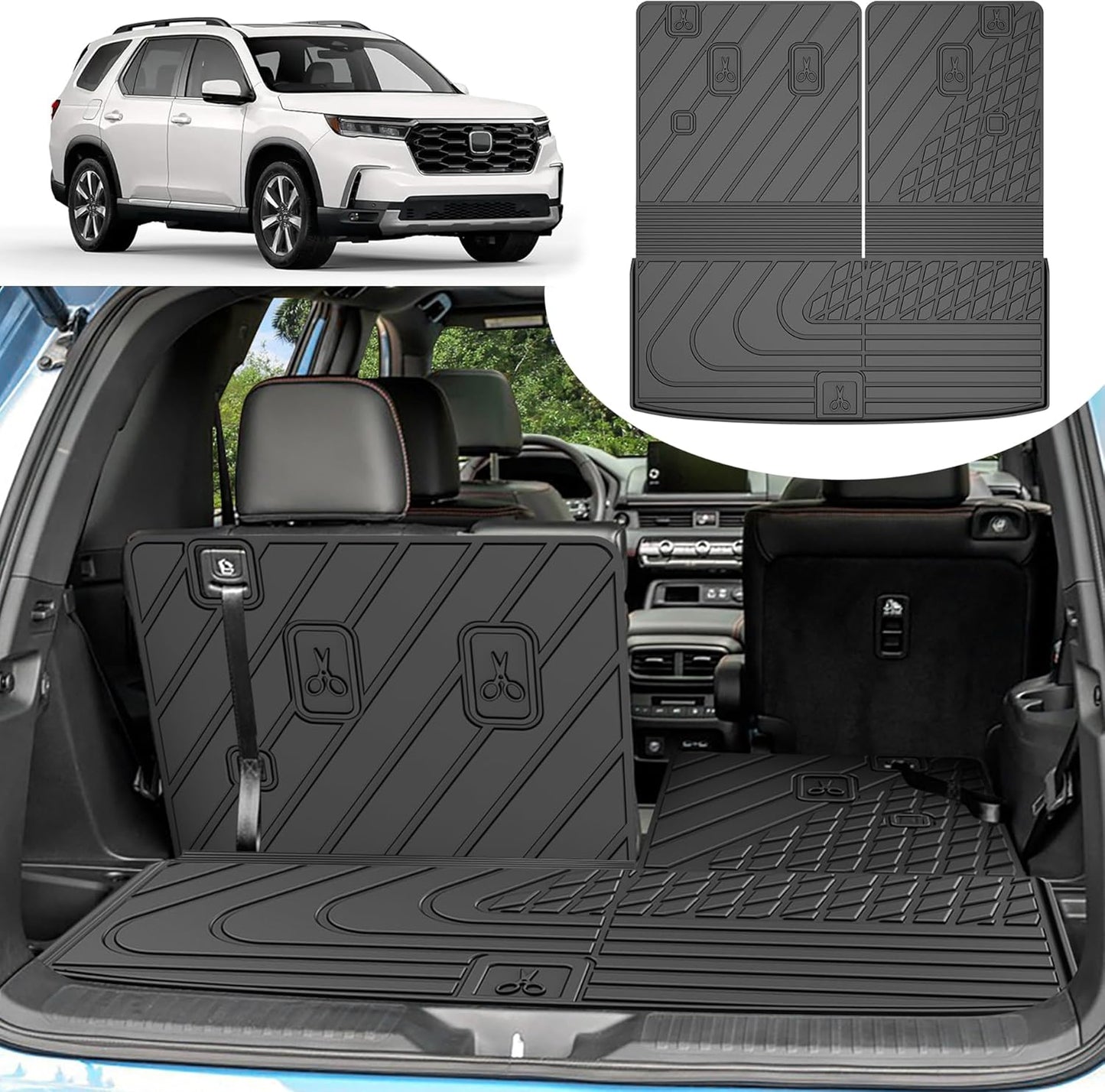 Original Cargo Mat Fit for Honda Pilot 2023-2025: Cargo Liner with Backrest Mat Behind 3rd Row Back Seat Protector - All Weather Protection Waterproof Trunk Mat with Back Seat Cover Pilot Accessories