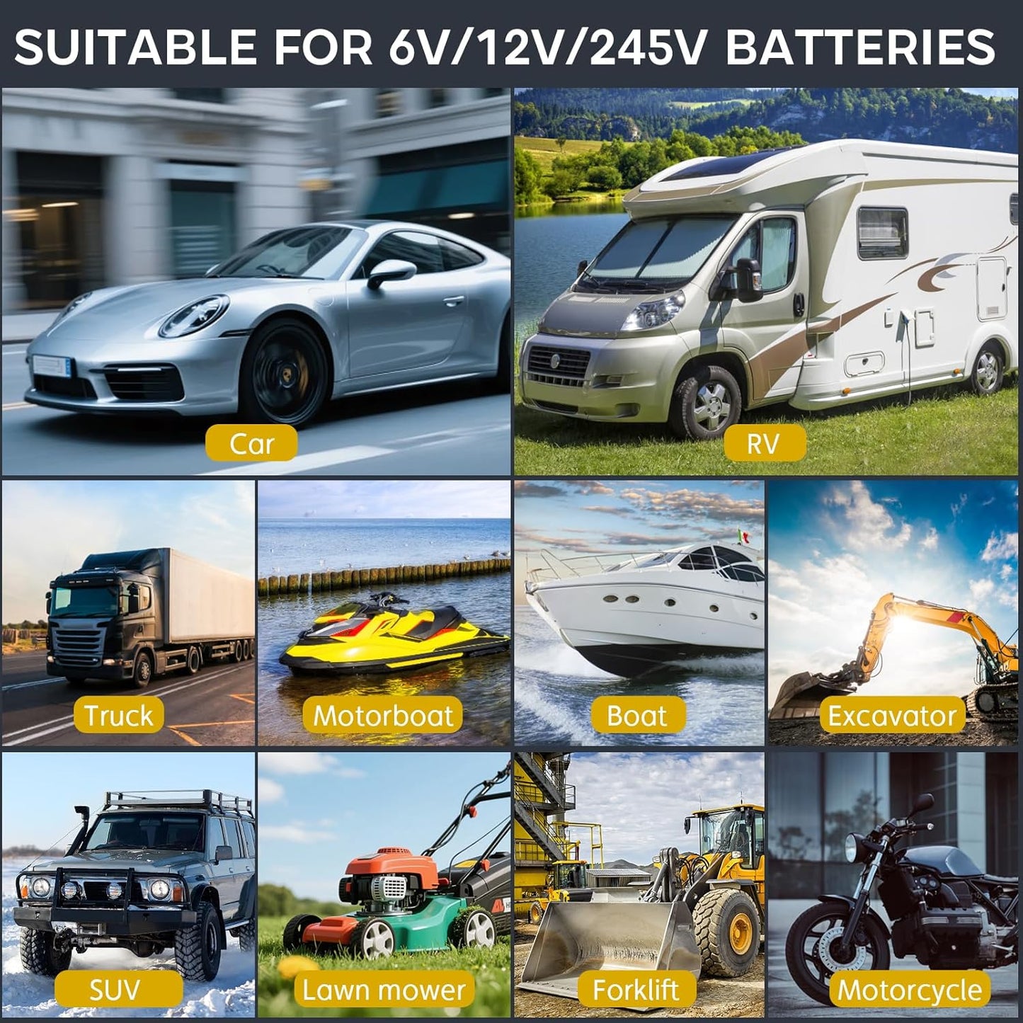 Battery Charger 0-26A 6V/12V/24V Lithium LiFePO4 Lead Acid, Fully Automatic Car Battery Maintainer, Smart Trickle Charger, Automotive w/Pulse Repair for AGM, STD, Gel, Deep Cycle Batteries ﻿