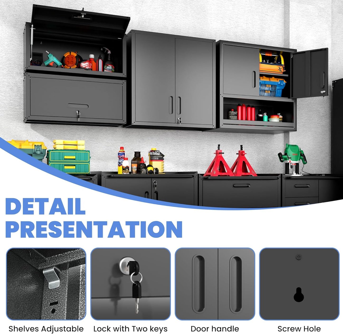 Garage Wall Cabinet with Doors and Shelves, Wall Mounted Metal Storage Cabinet with Open Storage, Lockable Hanging Tool Cabinet for Garage Utility Room, Black