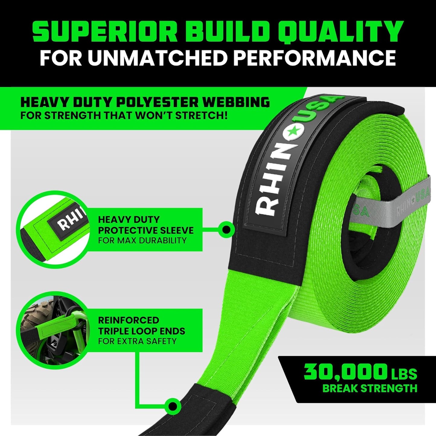 Rhino USA Recovery Tow Strap (4" x 30') - 40,320lb Break Strength - Emergency Recovery Strap Tow Rope for Diesel Trucks, Backhoe, Excavators & More - Heavy Duty Towing Strap for Offroad 4x4 Use