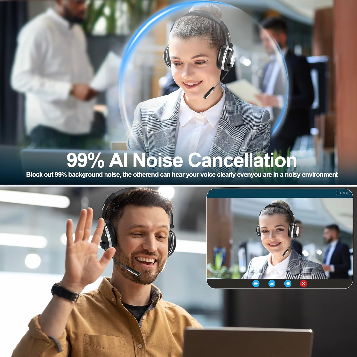 Wantek Wireless Headset with Mic for Work,Bluetooth Headset with AI Noise Cancelling,Mic Mute,Charging Base & USB Dongle for Laptop/Computer/Cell Phone, Remote Work & Call Center