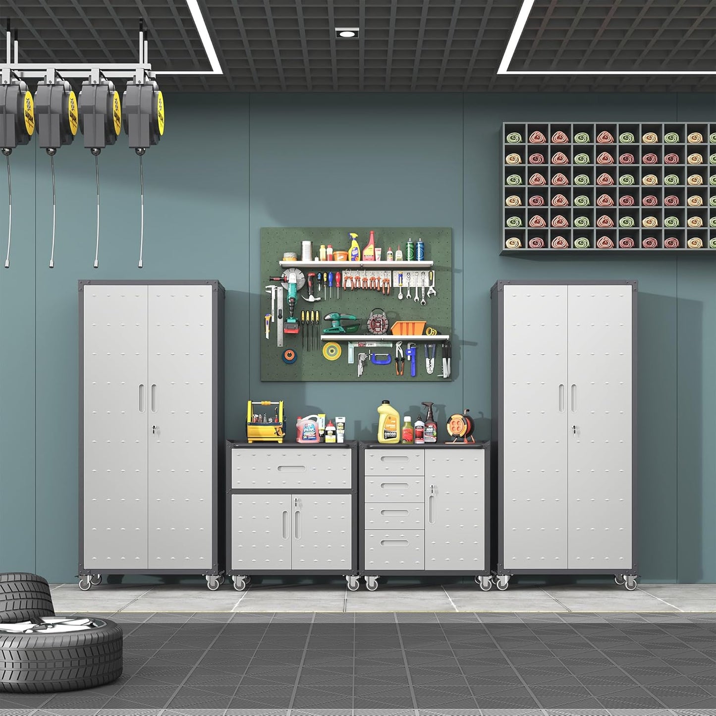 Metal Tool Cabinet,Garage Storage Cabinet System,Wall Cabinet & Locking Rolling Tool Cabinet with Doors and Adjustable Shelves,Steel Tool Cabinets for Home,Office (4 Pcs-StyleB, Black & Grey)