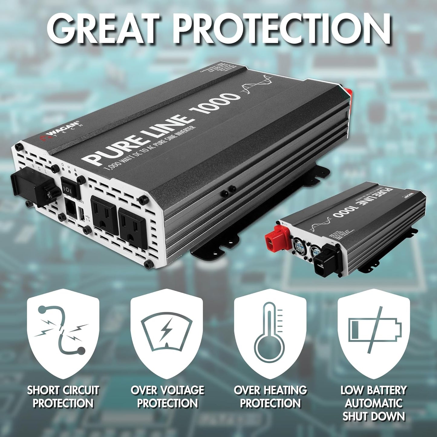 Wagan EL3804 Pure Line Inverter 1000 Watt DC 12V to 110V AC Car Pure Sine Wave Power Inverter for Home RV Camping Van Life Off Grid ETL Certified