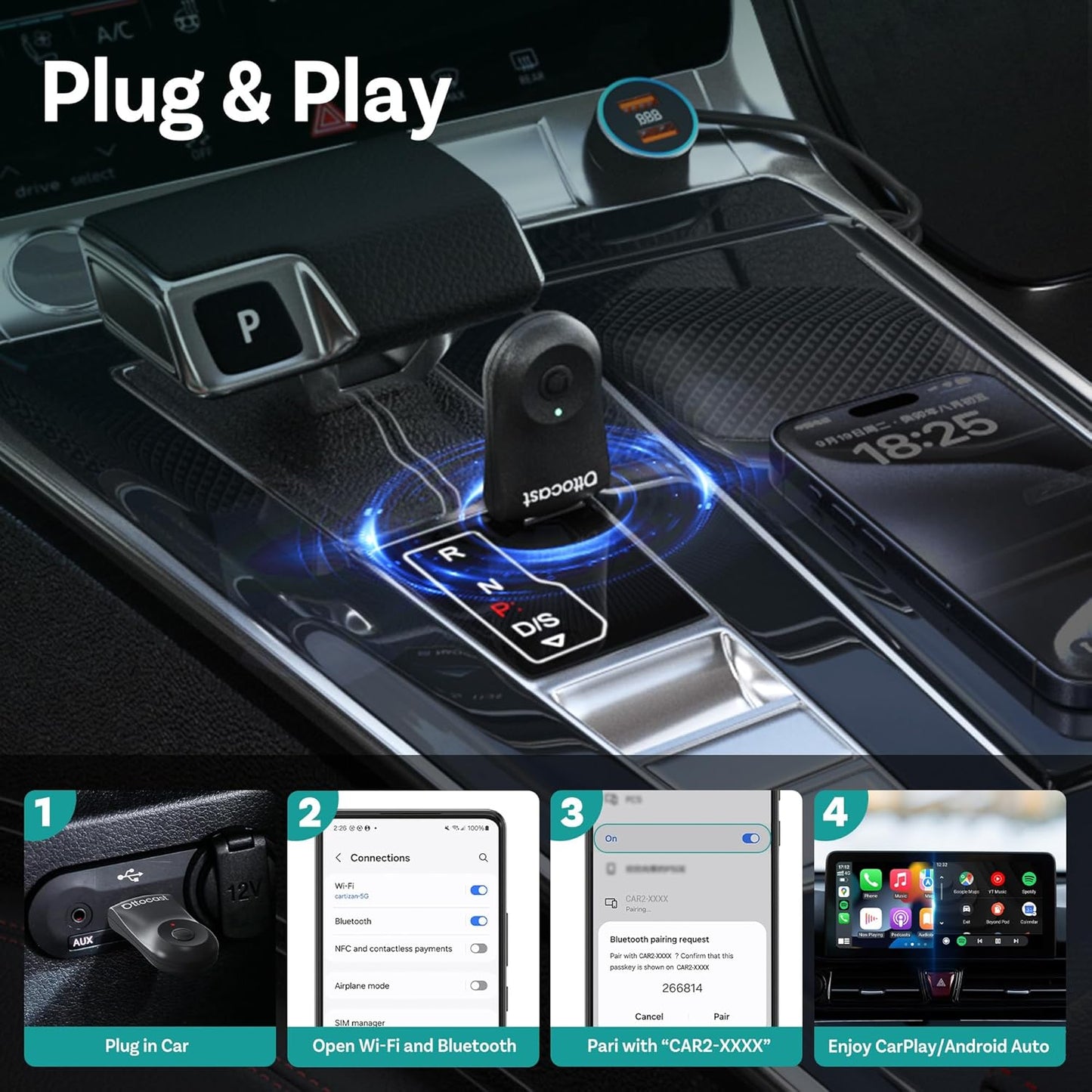 OTTOCAST Mini Wireless Carplay Adapter 2025 for Apple iPhone/Android Auto, Convert Wired to Wireless Car Play for Older Cars USB Design Plug & Play, Multi-User Seamless Connection for iOS 10+ (Black)