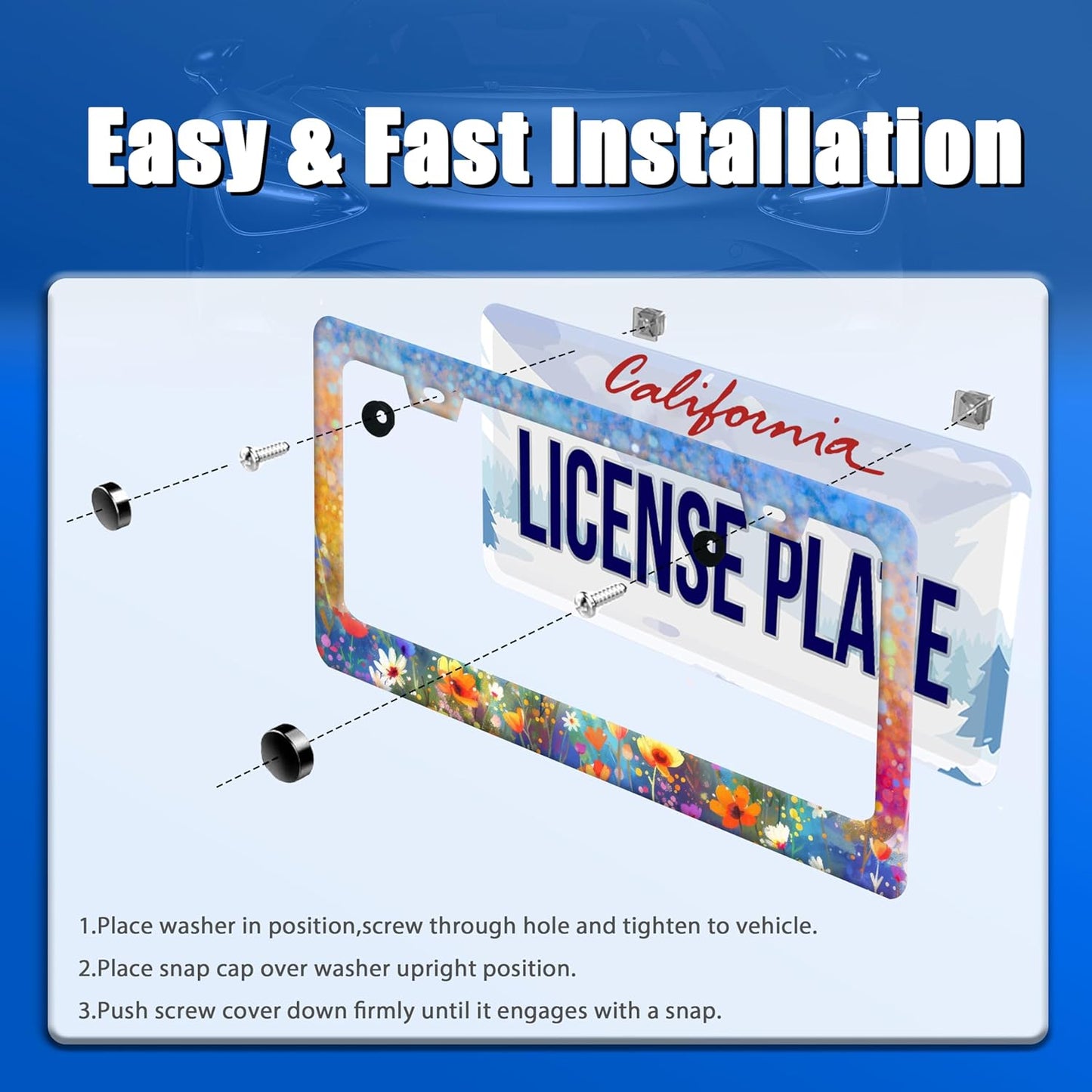 Abstract Floral License Plate Frame Watercolor Flowers License Plate Stainless Steel Funny License Plate Holder for Women Colorful Car Accessories Decoration 12.3" x 6.3"