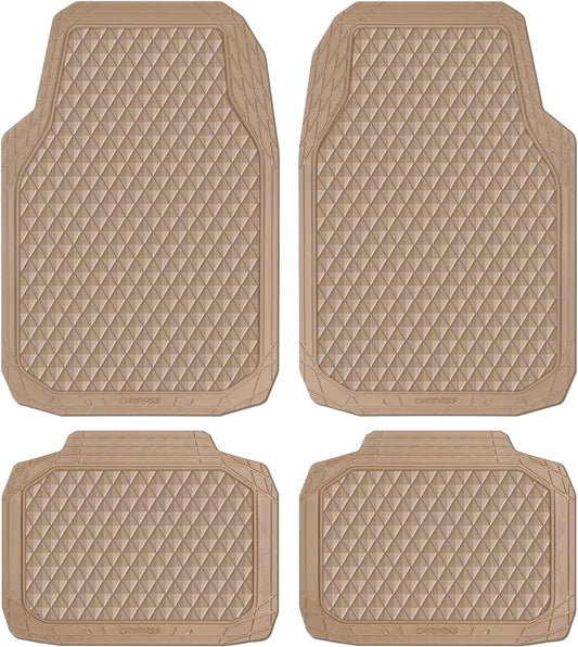 CAR PASS Beige Rubber Car Mats, All-Weather Floor Mats Full Set Durable Anti-Slip 3D Rhombus Waterproof Automotive Pad Trim to Fit Liner Universal Fit for Sedan SUV Truck Van, 4 Pcs All Beige Rubber