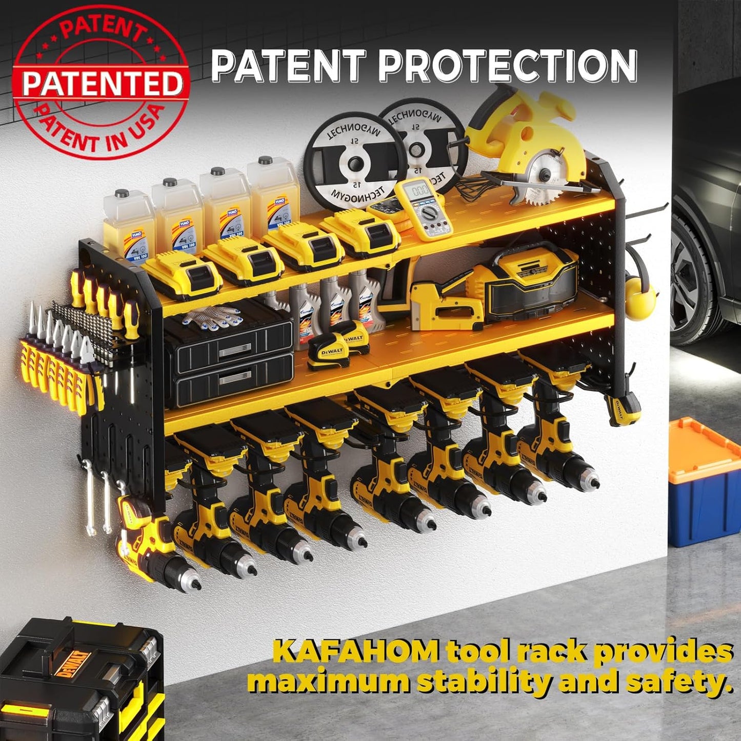 KAFAHOM Power Tool Organizer,Large 8 Drill Holder Wall Mount with 2 Side Pegboards,Metal Tool Shelf with 12 Hooks,Storage Rack for Garage Organization,Utility Cordless Drill Holder - Yellow