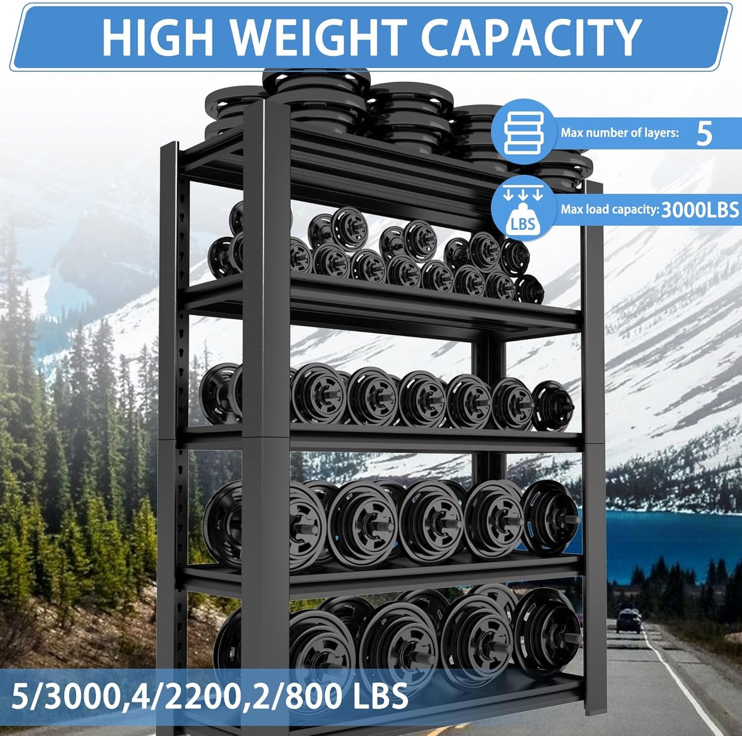 5-Tier Heavy Duty Garage Shelving Unit, 3000 LBS Capacity Metal Storage Rack 72" H x 48" W x 20" D, Adjustable Steel Shelves for Garage, Warehouse, Basement, Pantry, Workshop.1 Pack