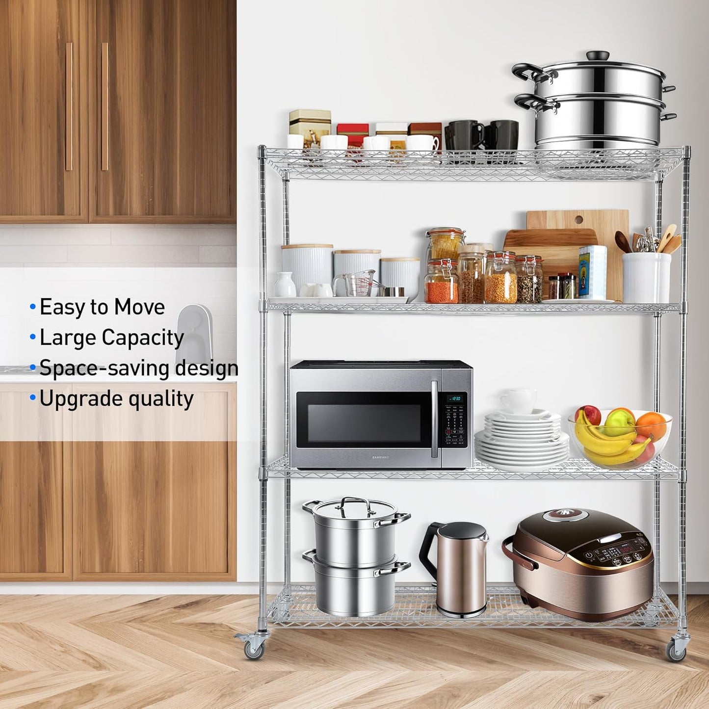 Rengue Wire Shelving with Wheels, 60"x 24"x72" Metal Storage Shelves, 4-Tier Heavy Duty Garage Storage Shelves, Chrome 2400LBS Capacity Wire Shelf Rack for Restaurant, Garage, Pantry, Kitchen