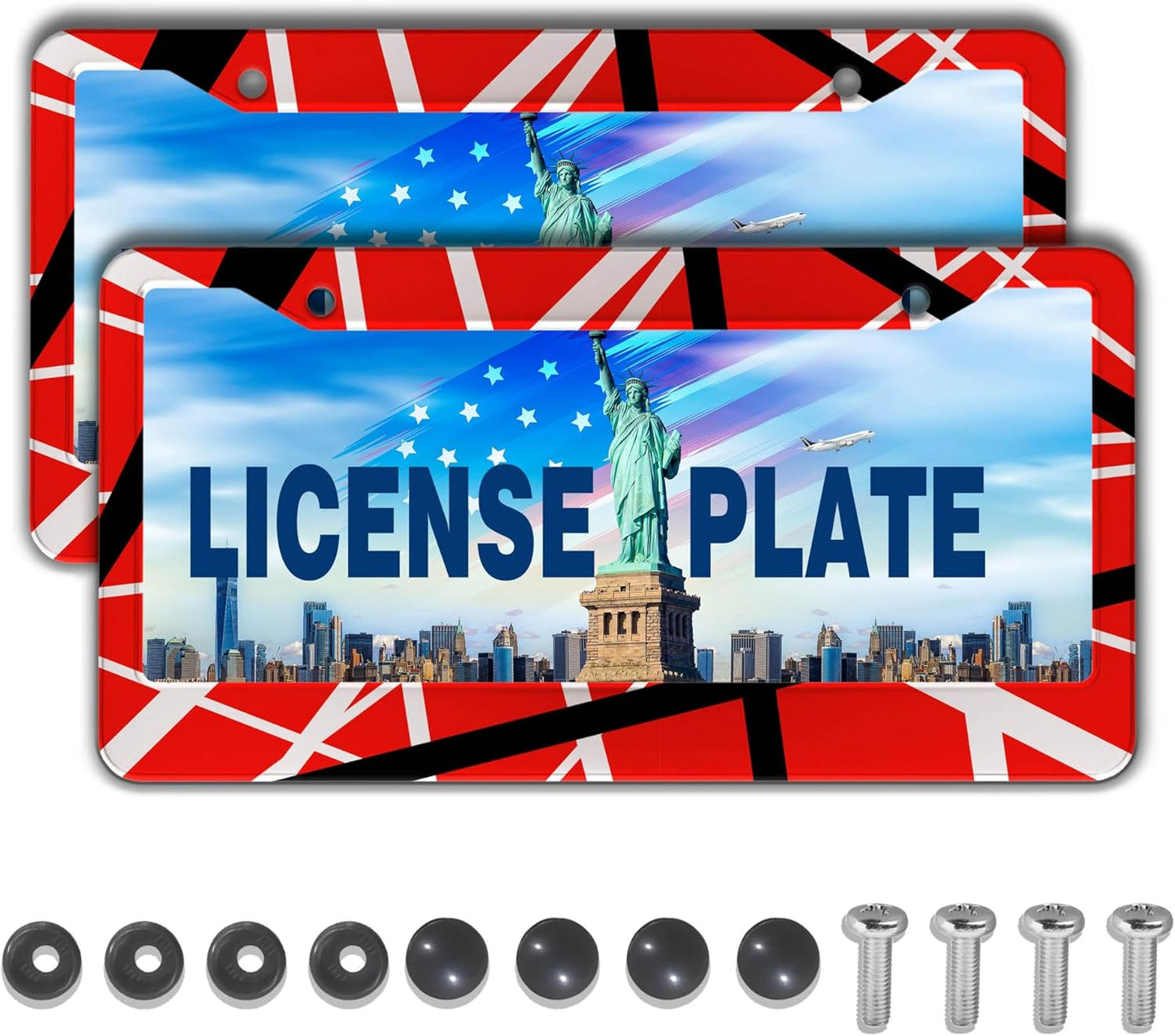 Automotive Exterior Accessories Red, Black, White License Plate Frames Rock Guitarist Red Black White Stripes Aluminum Metal Car Accessory 2 Pack with Screw Covers Set