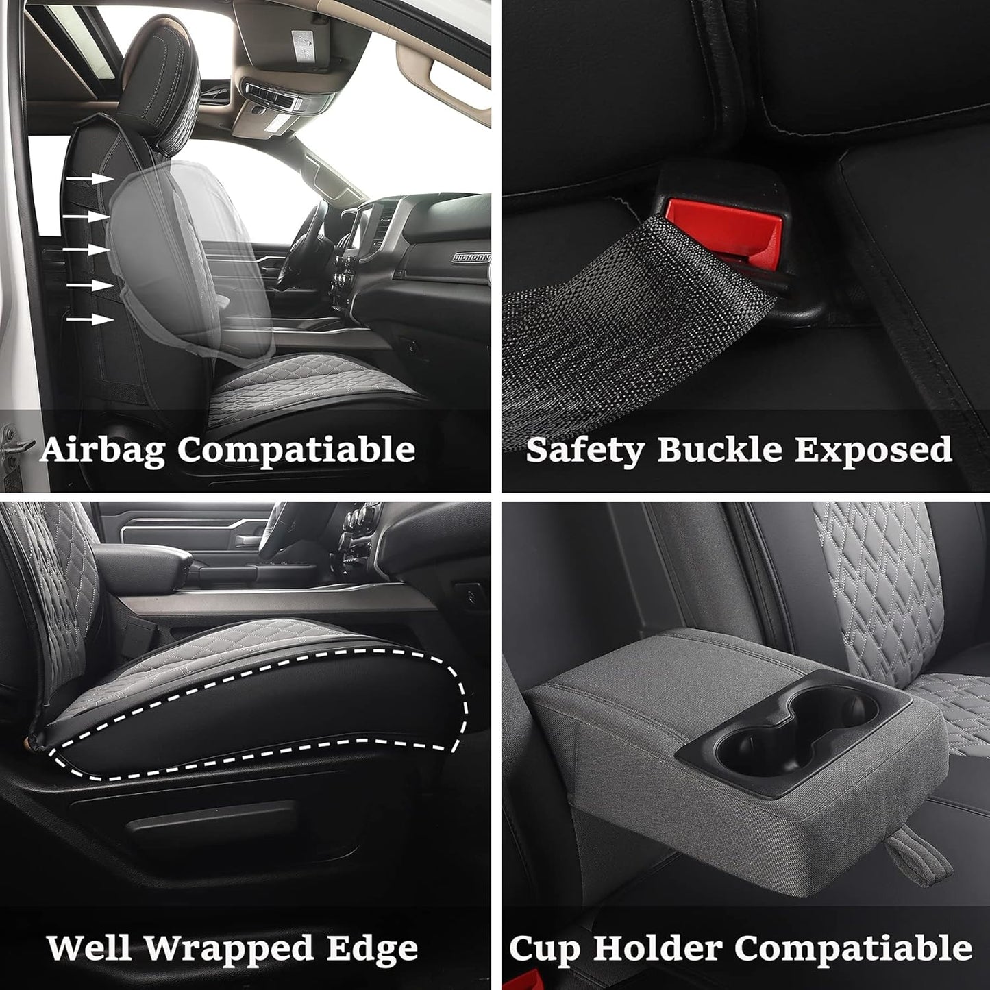 JOJOBAY Car Seat Covers for Dodge Ram Full Set,Fit Ram 2009-2025 1500/2500/3500 Pick-up Truck,Crew,Regular,Quad,Mega Cab,Waterproof Leather Seat Covers Protectors（5 PCS Full Set,Black-Grey）