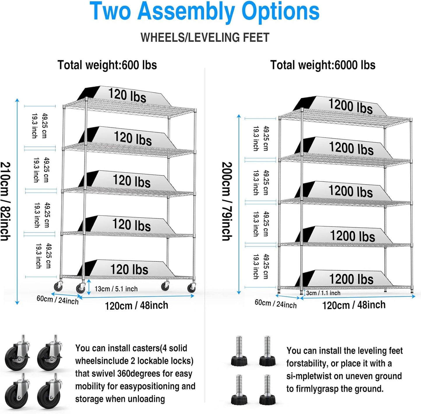 5 Tier NSF Metal Shelf Wire Shelving Unit, 6000lbs Capacity Heavy Duty Adjustable Storage Rack with Wheels & Shelf Liners for Commercial Grade Utility Steel Storage Rack , 82"H x 48"L x 24"D - Chrome