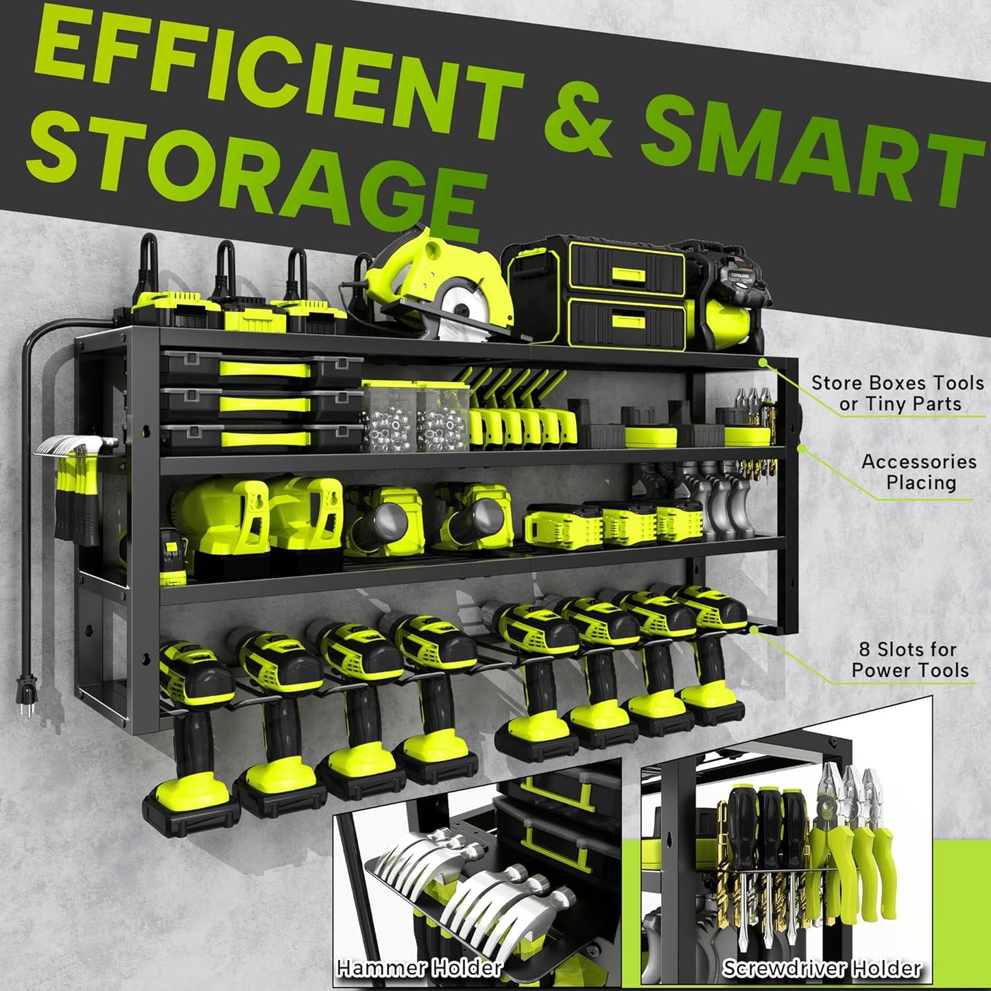 Large Power Tool Organizer Wall Mount with Charging Station, 8 Outlet Power Strip, 4 Layers 8 Drill Holder Heavy Duty Metal Tool Storage Loads 420lbs with Screwdriver Holder, Utility Racks for Garage