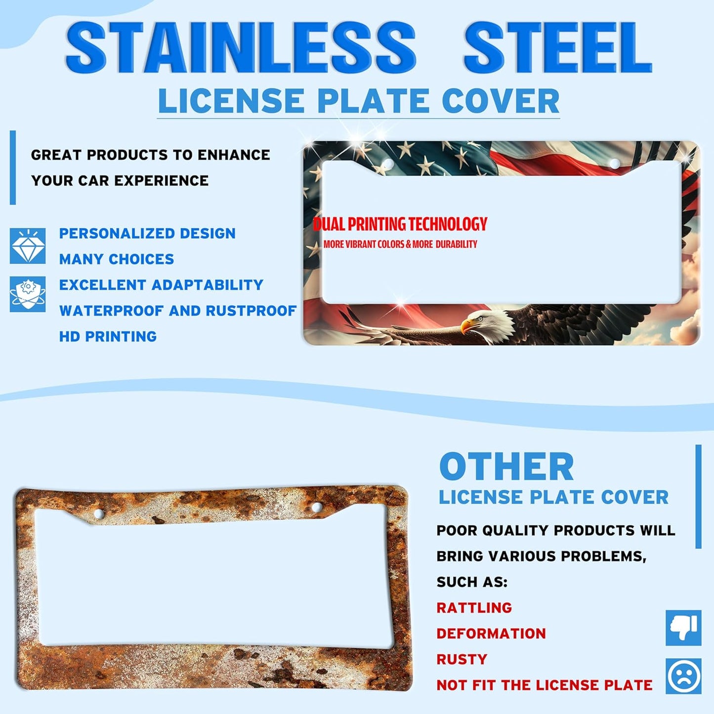 American Flag Eagle License Plate Frame Patriotic Stainless Steel License Plate Holder for Front or Rear Car Tags Funny for Car Decoration Accessories with Screws 6.3 X 12.2 in for Women Men