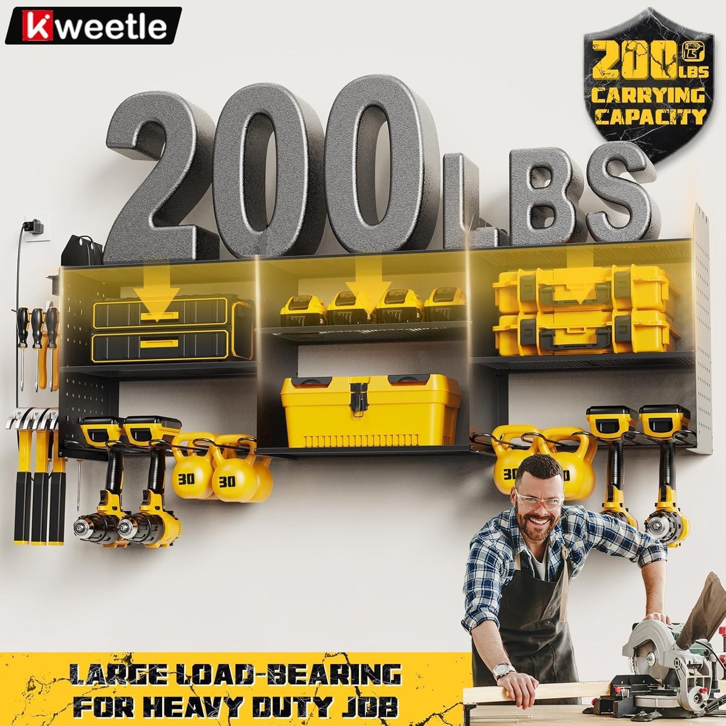 45" Power Tool Organizer Wall Mount with Charging Station - 3 Layer Storage Racks with 8 Cordless Drill Holder, 4 Hooks, Heavy Duty Garage Tool Organizer Storage for Workshop Shed Pegboard Basement