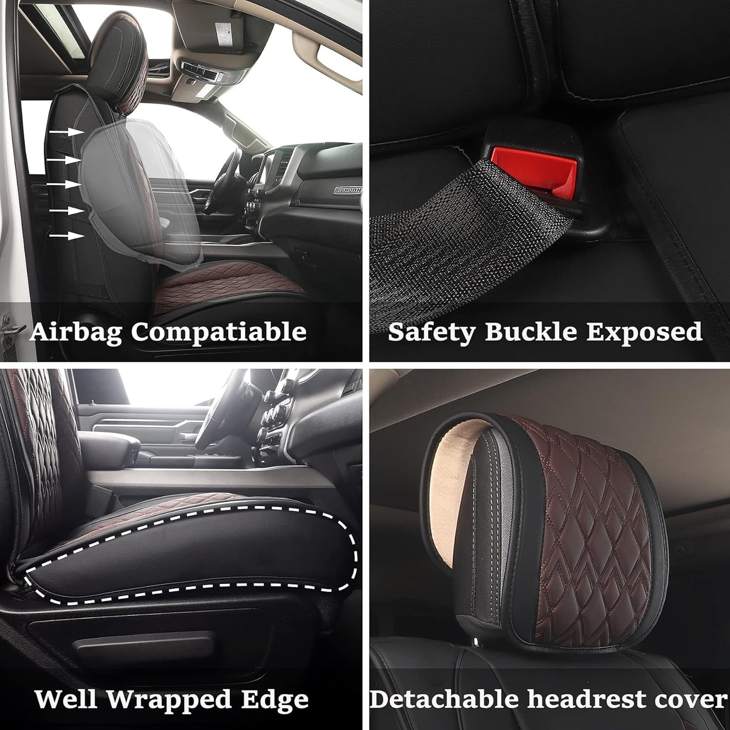JOJOBAY Car Seat Covers for Dodge Ram 2 Pcs Front,Fit Ram 2009-2025 1500/2500/3500 Pick-up Truck,Crew,Regular,Quad,Mega Cab,Waterproof Leather Seat Covers Protectors（2PCS Front,Black-Brown）